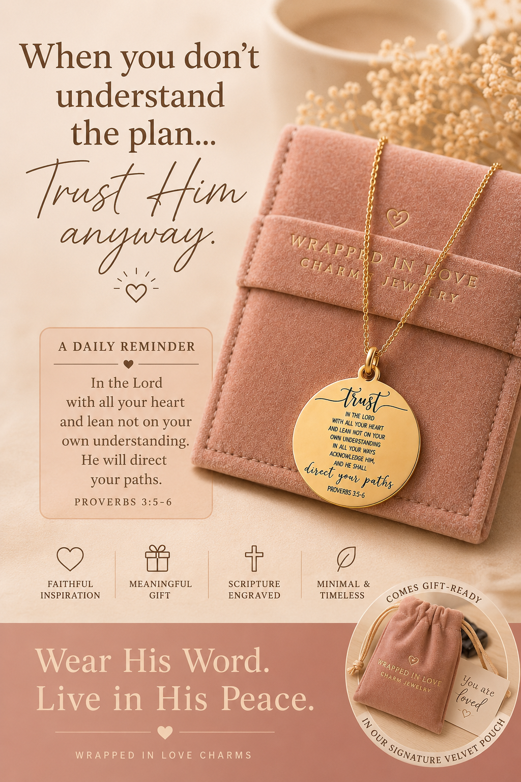 Proverbs 3:5 Necklace Trust in The Lord with all your heart Christian Gifts Scripture Jewelry Mothers Day Necklace Baptism Gifts