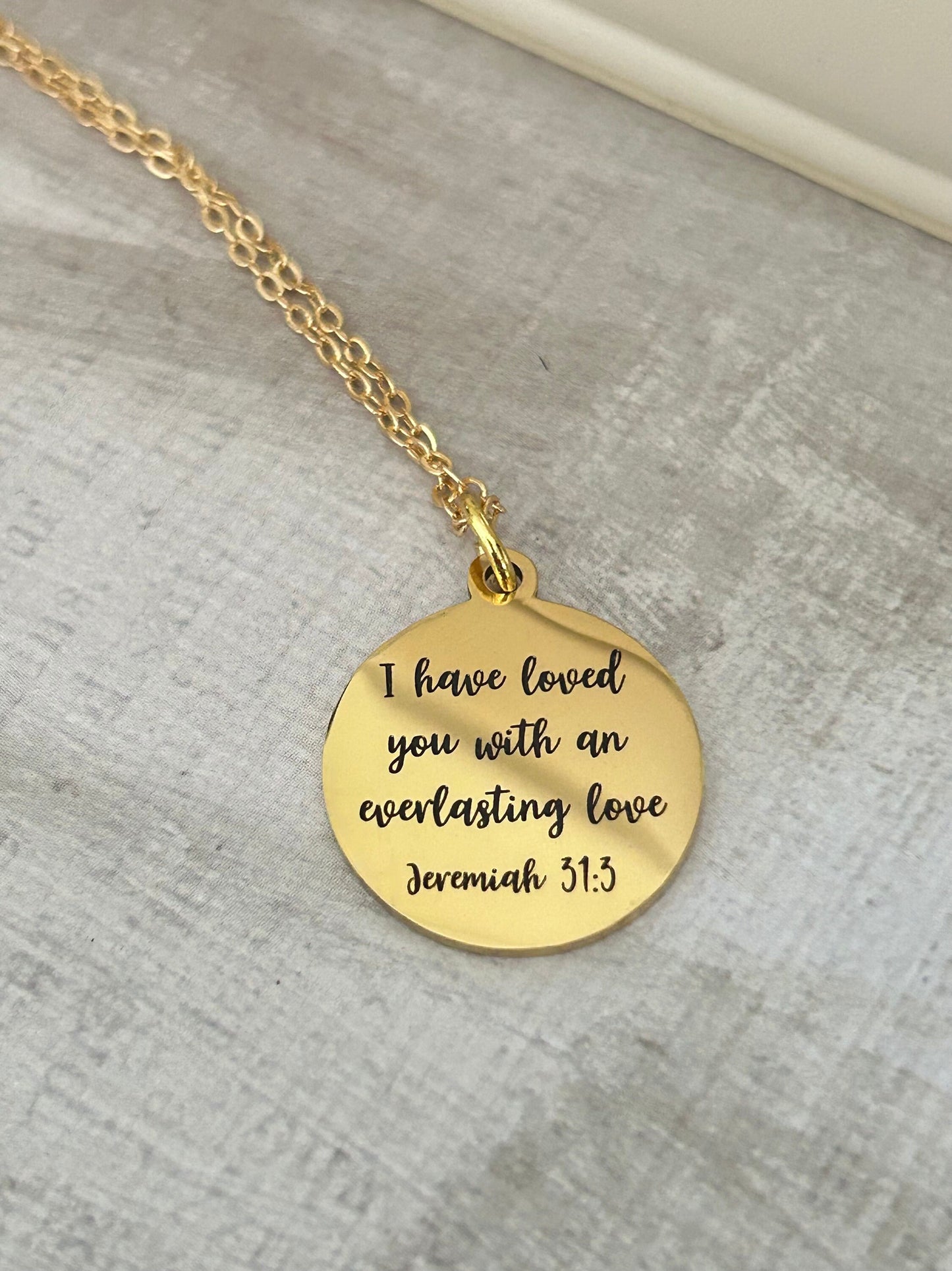 Everlasting love Bible Verse Gold Disc Necklace, Jeremiah 31:3, Christian Gifts, Scripture Jewelry, Motivational Gifts