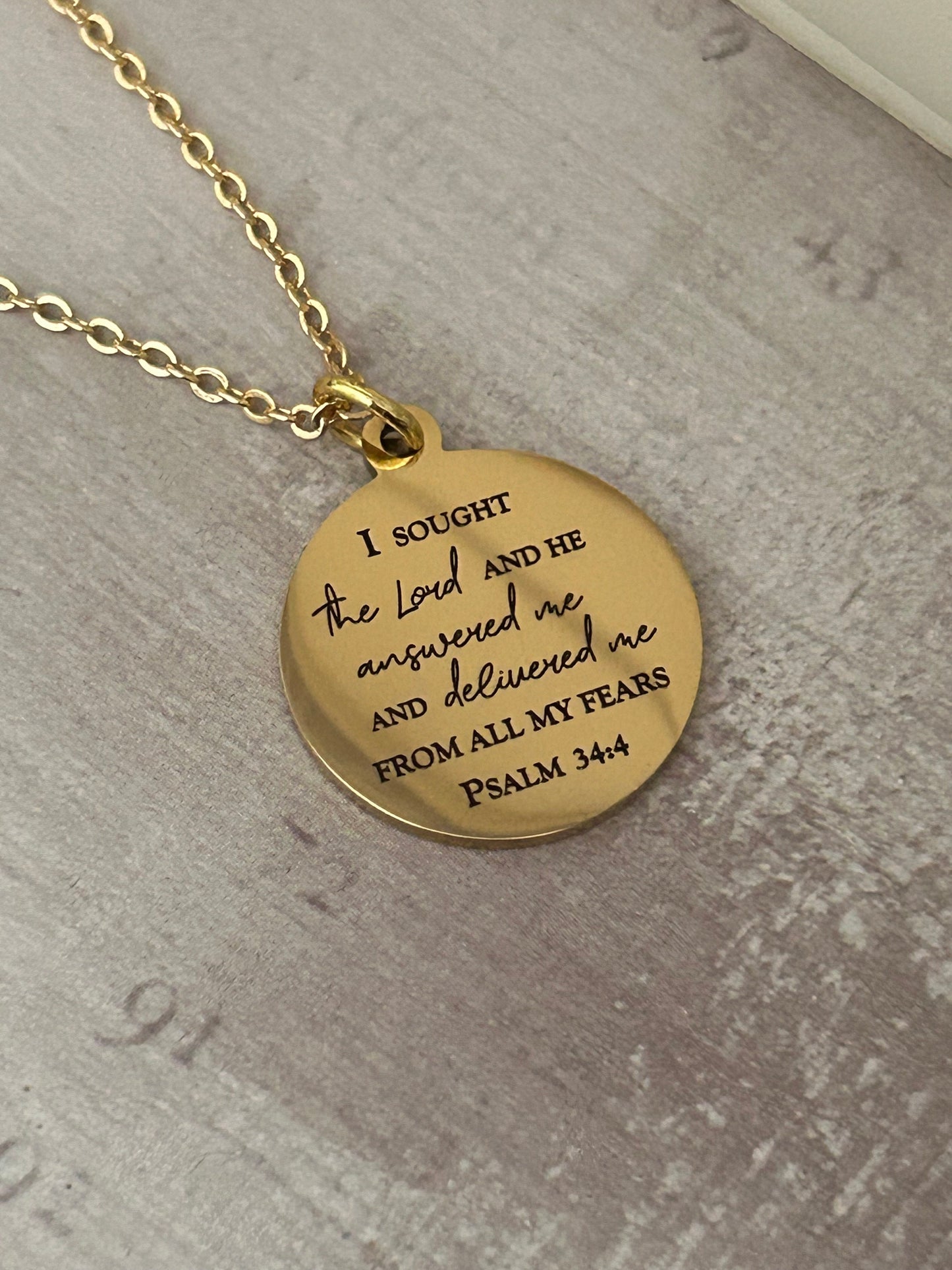 Psalm 34:4 Bible Verse Necklace, Christian Gifts, Scripture Jewelry, I sought The Lord and he answered me, Motivational Gift, Psalm Jewelry