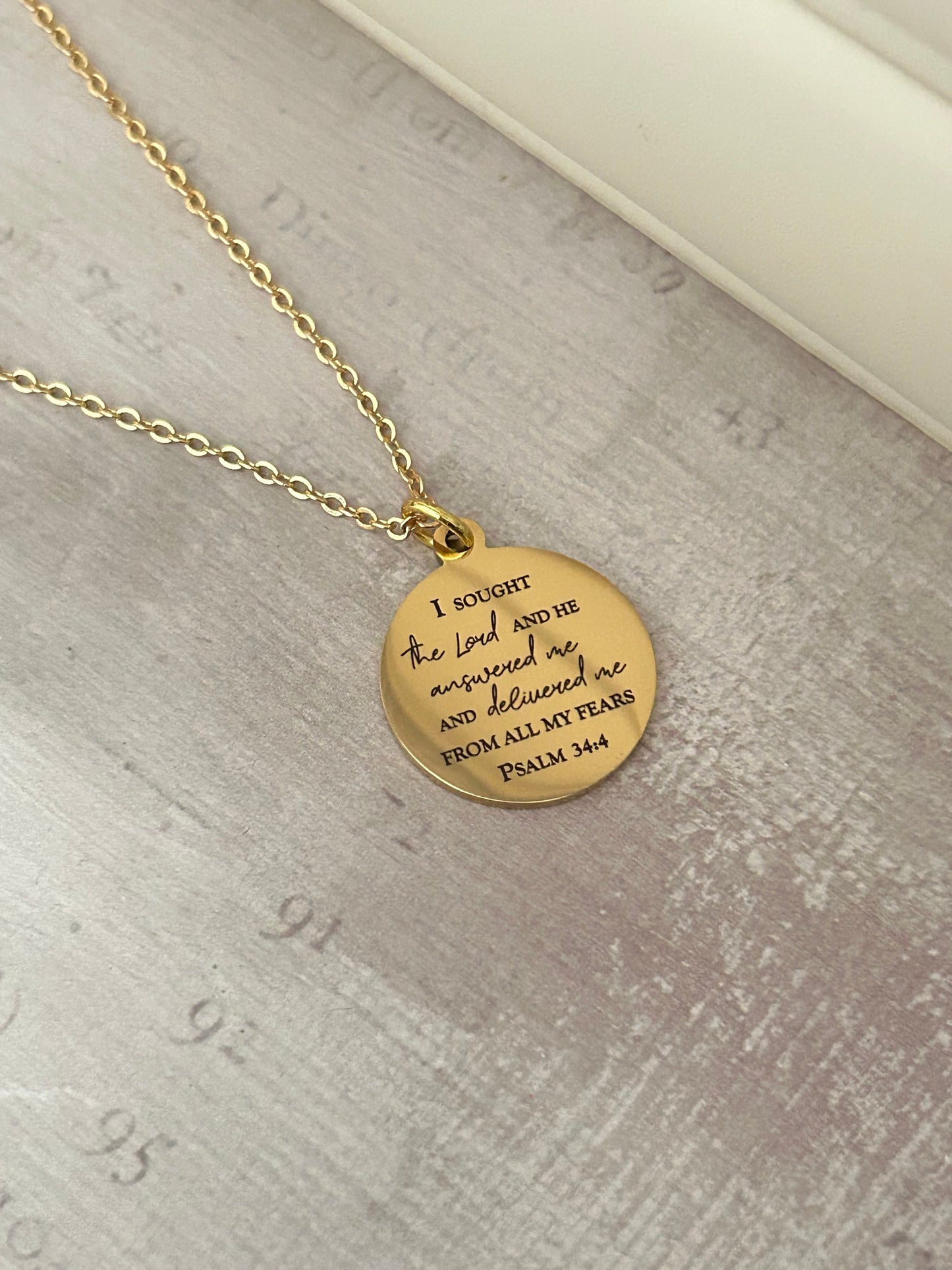 Psalm 34:4 Bible Verse Necklace, Christian Gifts, Scripture Jewelry, I sought The Lord and he answered me, Motivational Gift, Psalm Jewelry