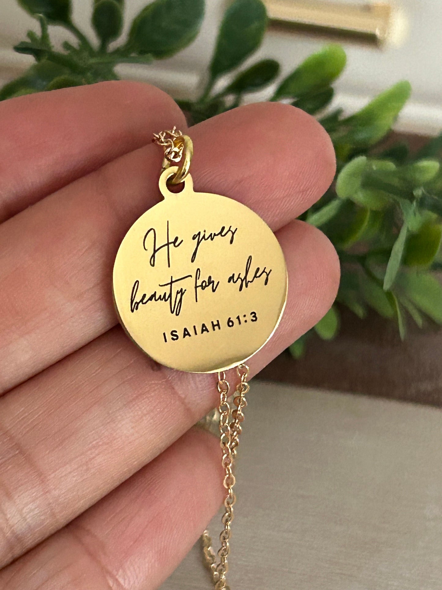 He gives Beauty for ashes bible verse Necklace, 16K Gold plated, Scripture Jewelry, Christian Gifts, Isaiah 61:3, Faith Charms, Gift for Mom