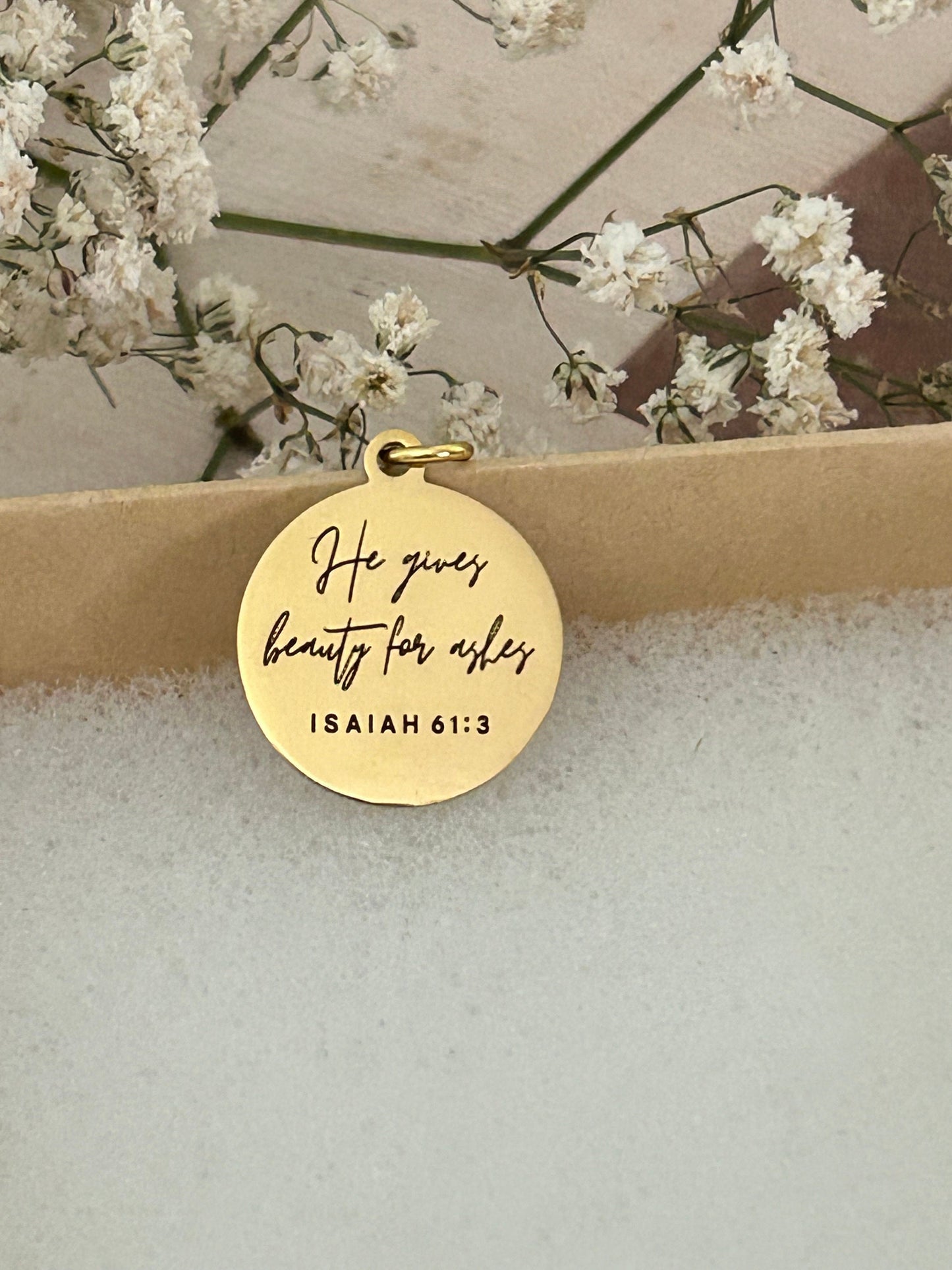 He gives Beauty for ashes bible verse Necklace, 16K Gold plated, Scripture Jewelry, Christian Gifts, Isaiah 61:3, Faith Charms, Gift for Mom