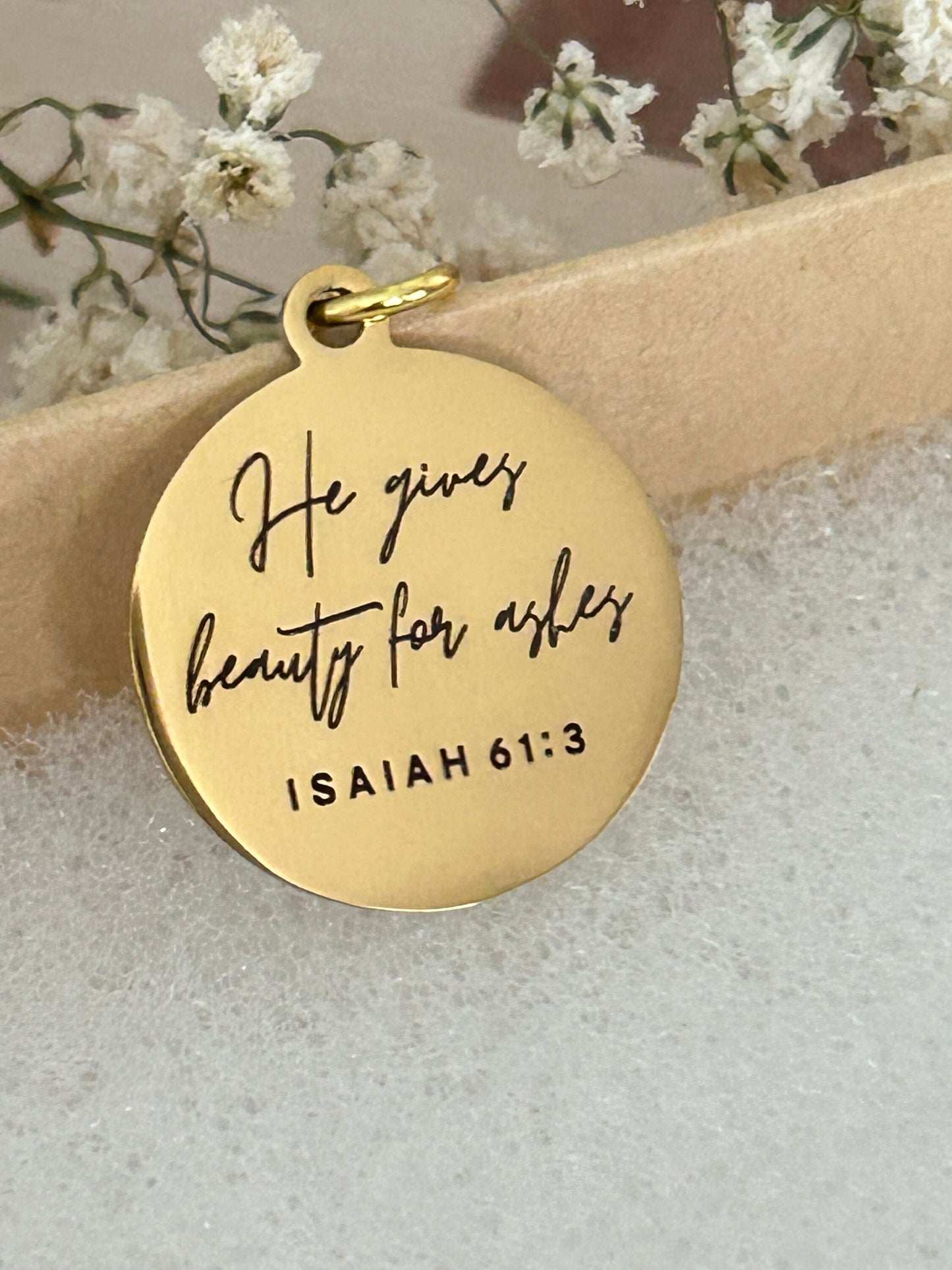 He gives Beauty for ashes bible verse Necklace, 16K Gold plated, Scripture Jewelry, Christian Gifts, Isaiah 61:3, Faith Charms, Gift for Mom