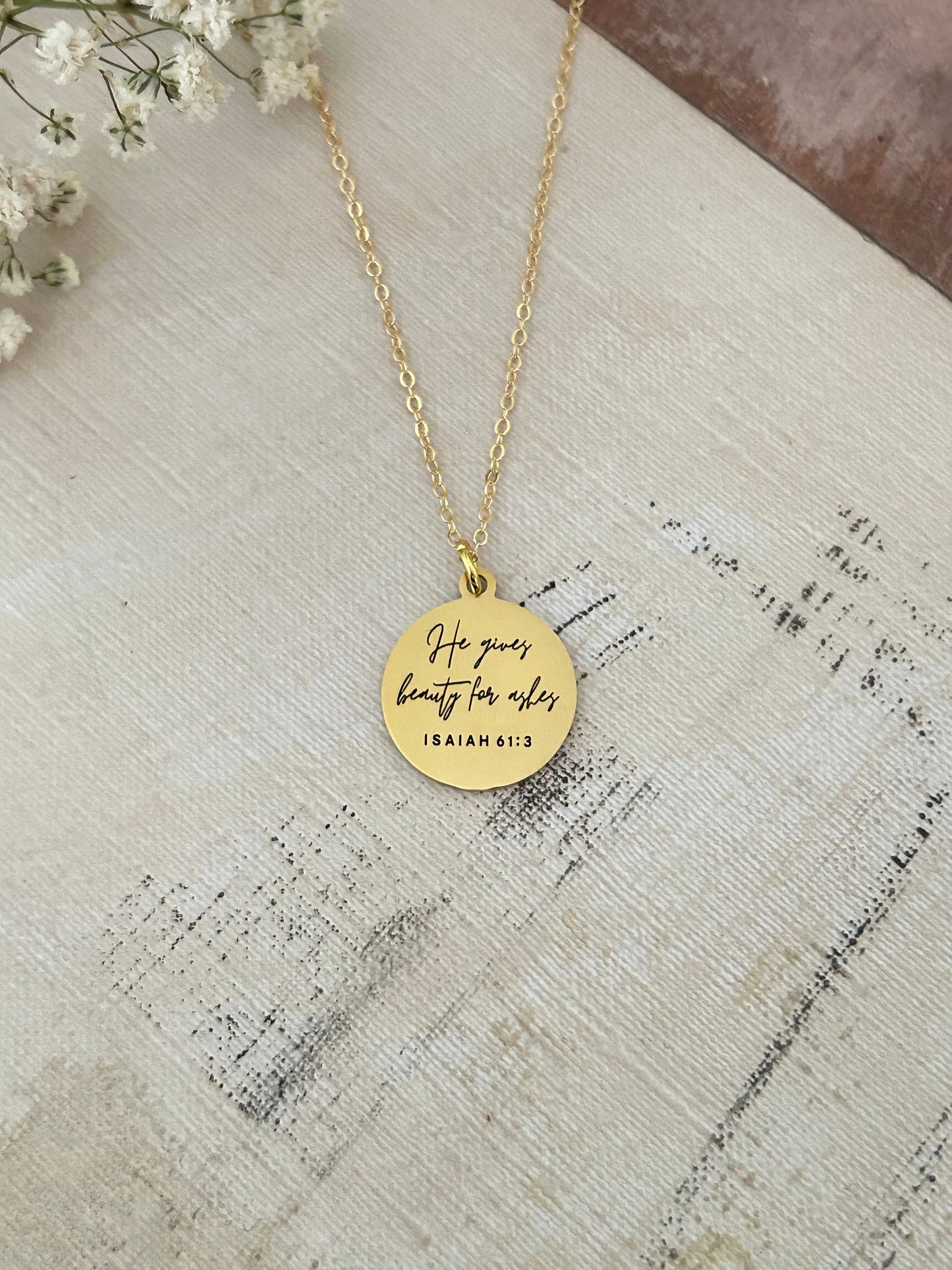 He gives Beauty for ashes bible verse Necklace, 16K Gold plated, Scripture Jewelry, Christian Gifts, Isaiah 61:3, Faith Charms, Gift for Mom