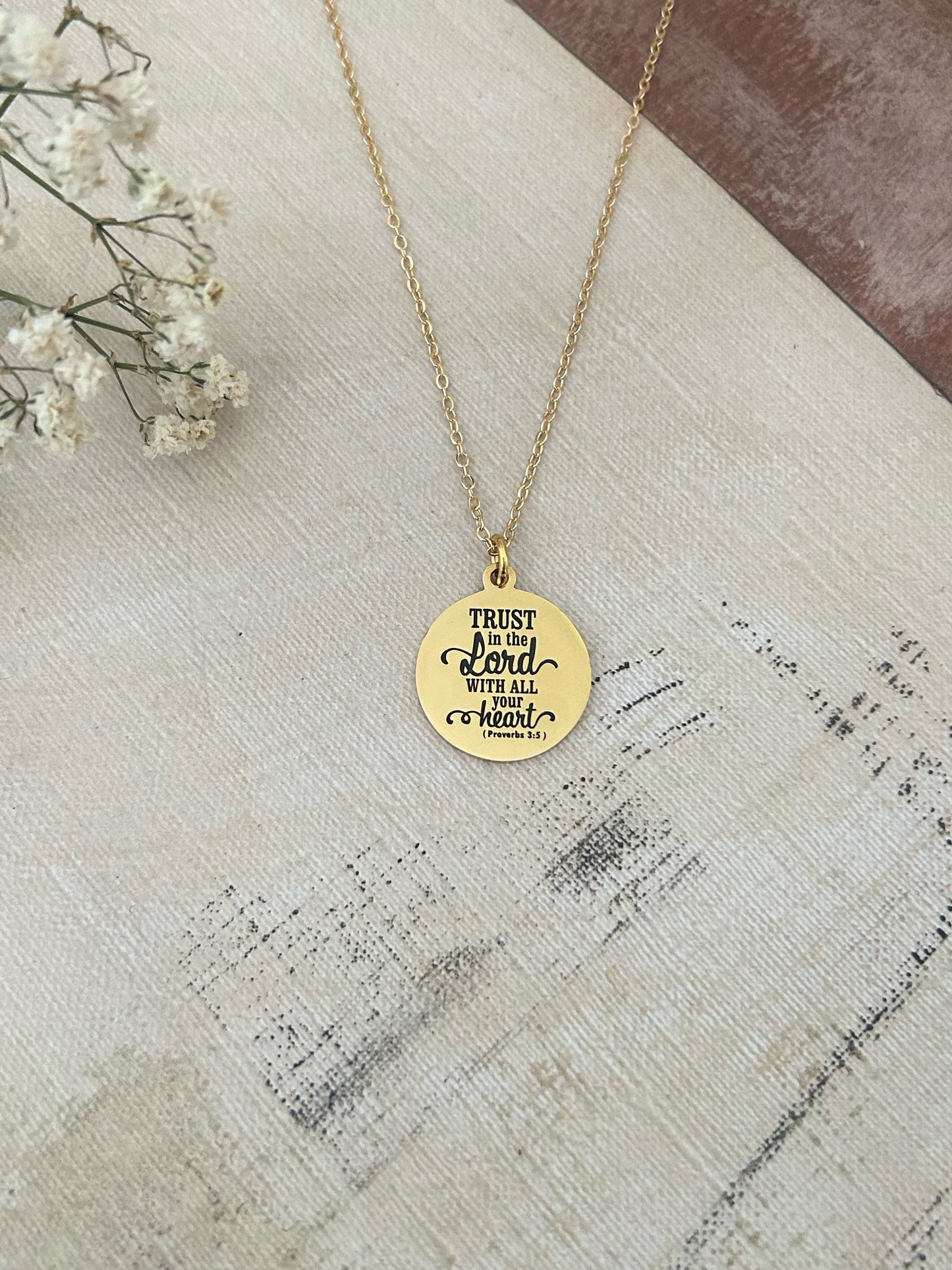 Trust in The Lord Gold Bible Verse Necklace, Proverbs 3:5, Christian Gifts, Scripture Jewelry, Gifts for Mom, Baptism, Motivational Gifts