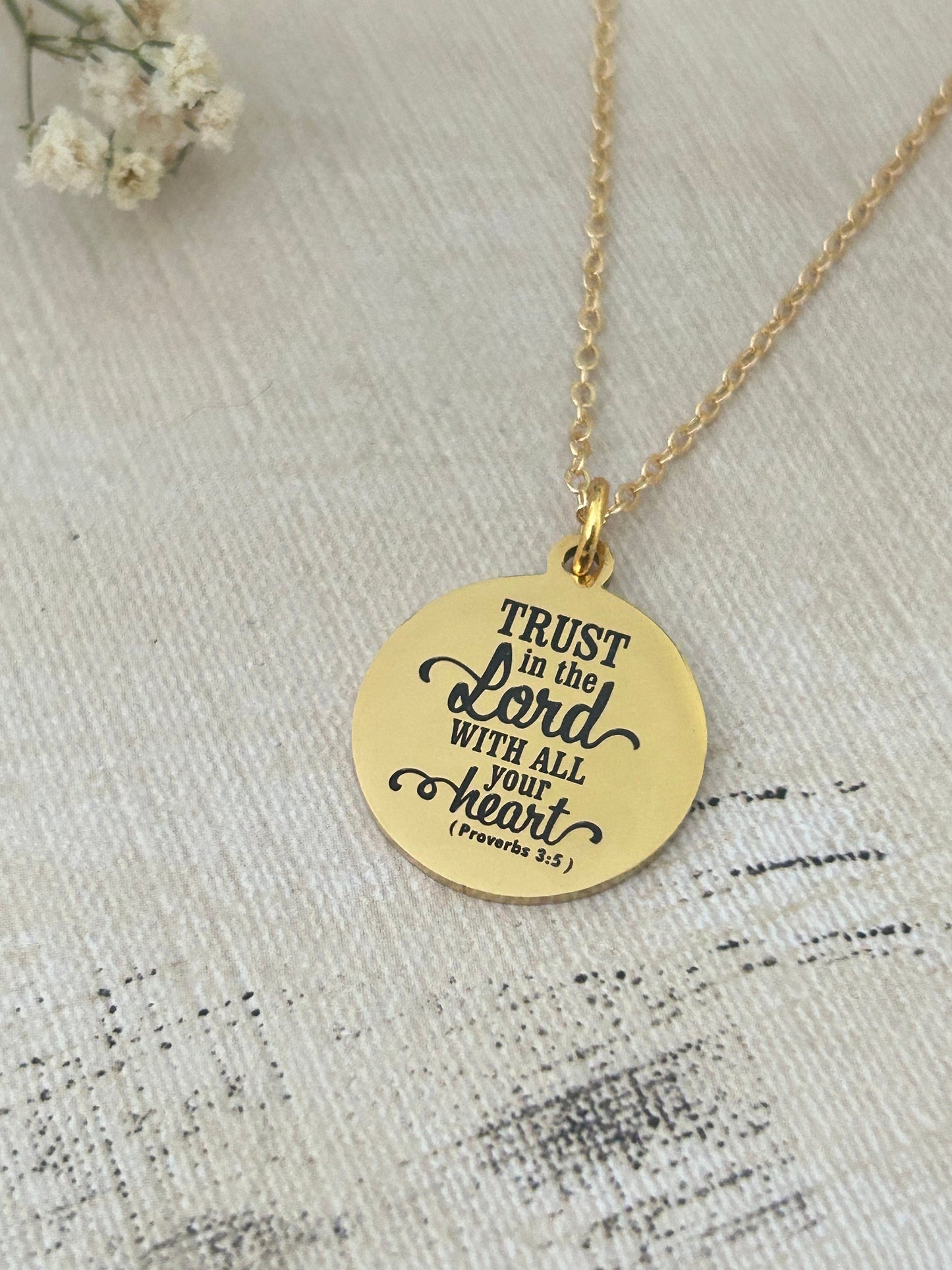 Trust in The Lord Gold Bible Verse Necklace, Proverbs 3:5, Christian Gifts, Scripture Jewelry, Gifts for Mom, Baptism, Motivational Gifts