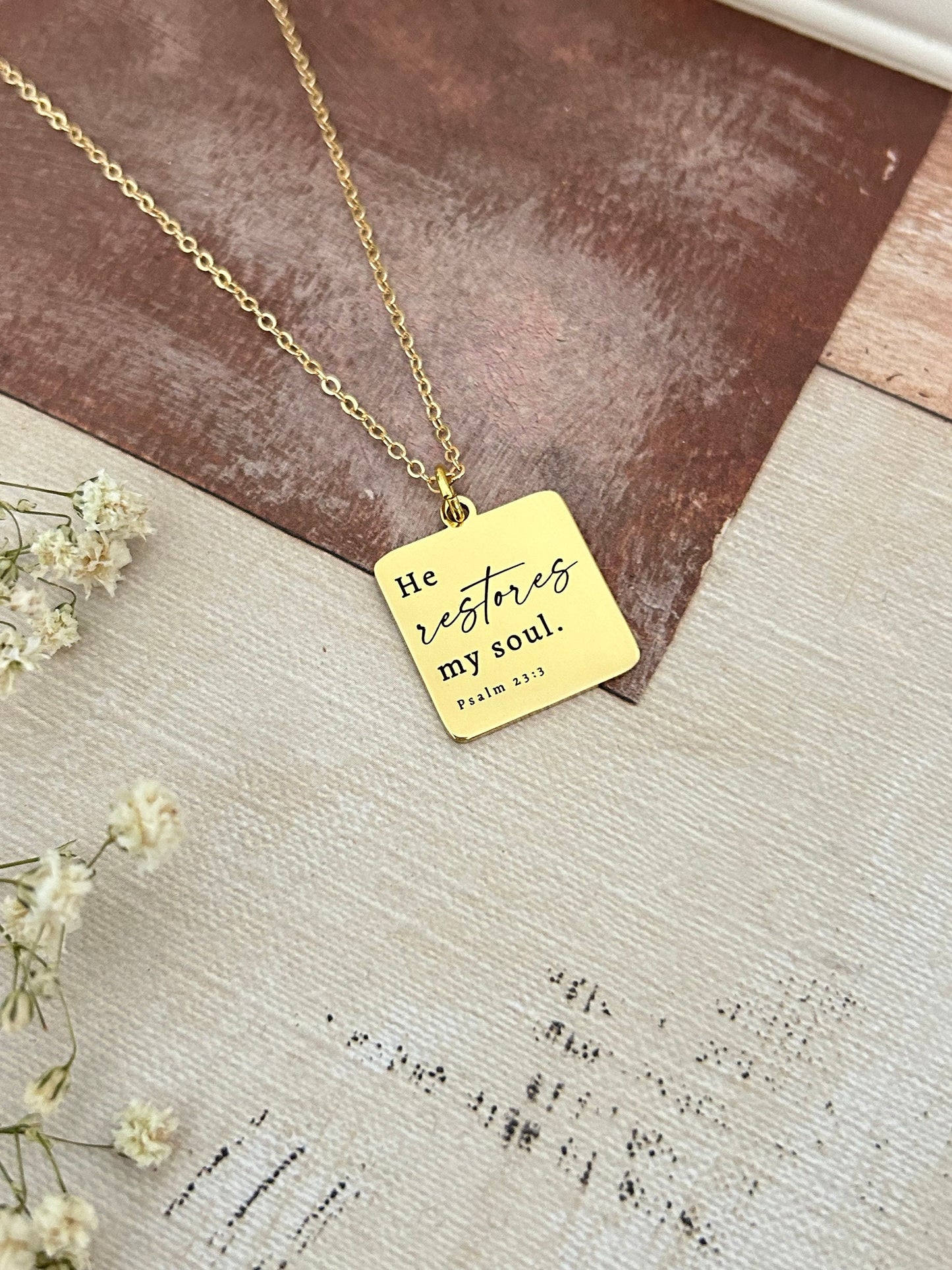 He Restores My Soul Bible Verse Gold Necklace, Christian Gifts, Psalm 23:3 jewelry, Meaningful gifts, gift for mom, baptism affirmation gift