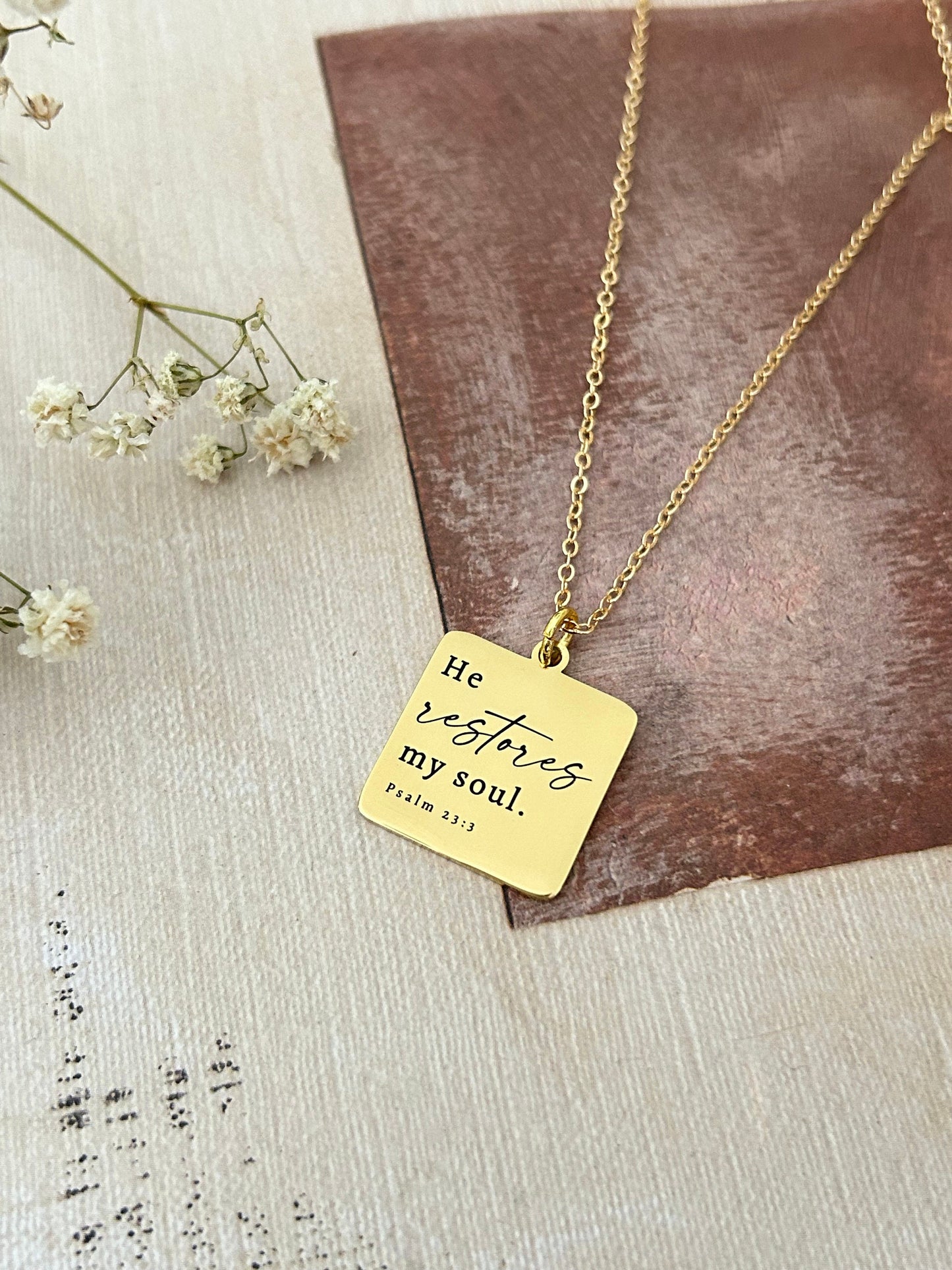 He Restores My Soul Bible Verse Gold Necklace, Christian Gifts, Psalm 23:3 jewelry, Meaningful gifts, gift for mom, baptism affirmation gift