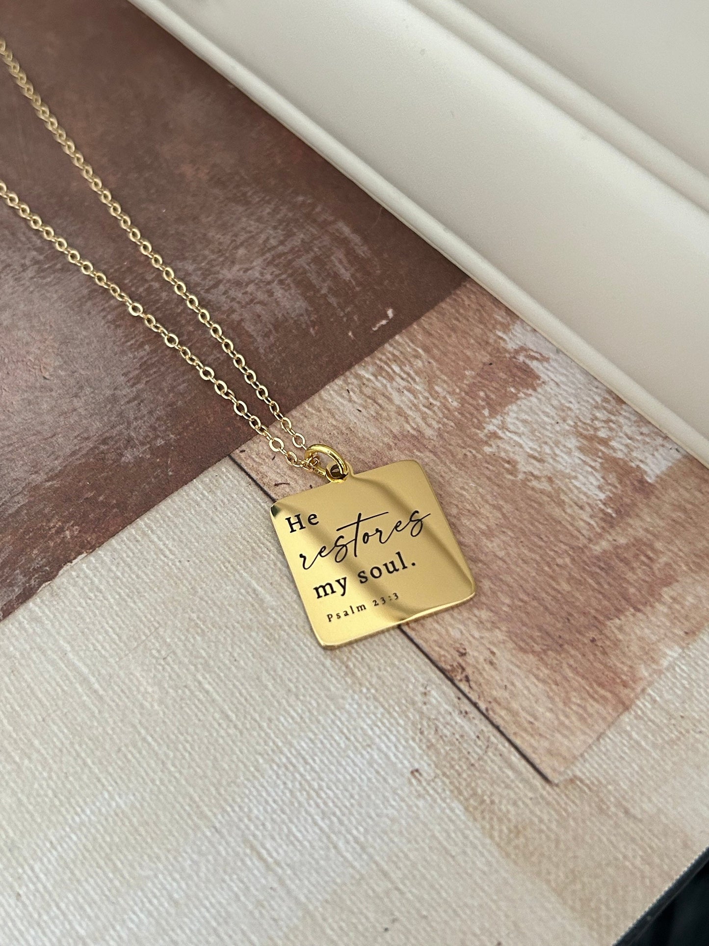 He Restores My Soul Bible Verse Gold Necklace, Christian Gifts, Psalm 23:3 jewelry, Meaningful gifts, gift for mom, baptism affirmation gift