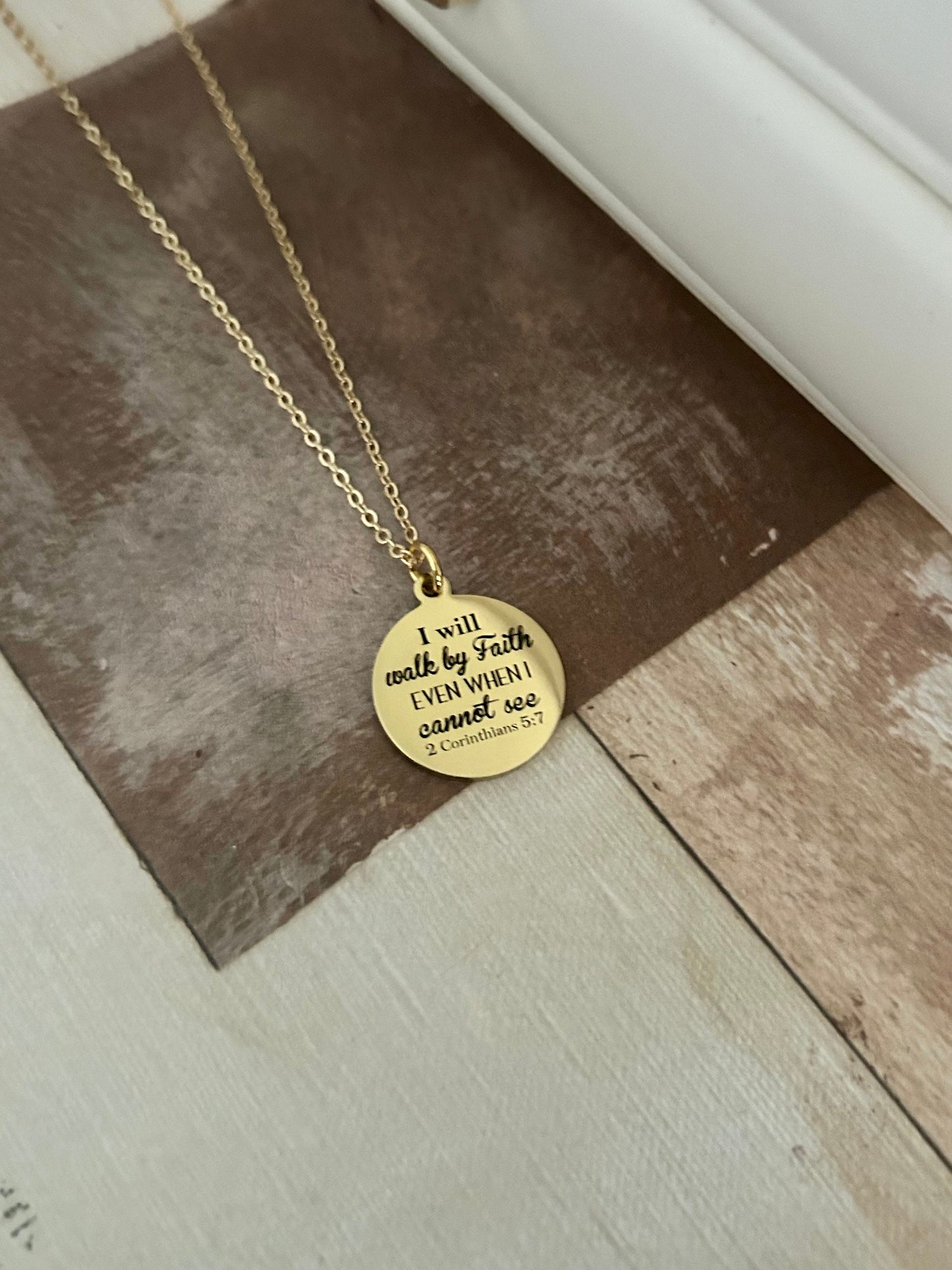 I will walk by faith even when I cannot see Bible Verse Necklace, Christian Faith Gifts, Scripture Jewelry, Baptism, 2 Corinthians 5:7