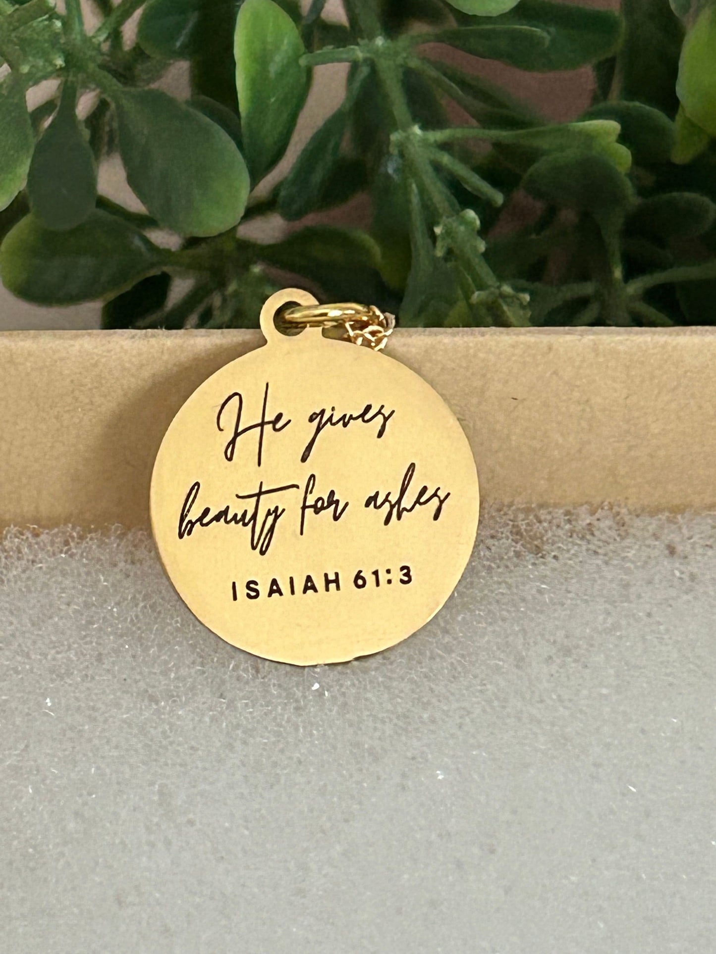 He gives Beauty for ashes bible verse Necklace, 16K Gold plated, Scripture Jewelry, Christian Gifts, Isaiah 61:3, Faith Charms, Gift for Mom