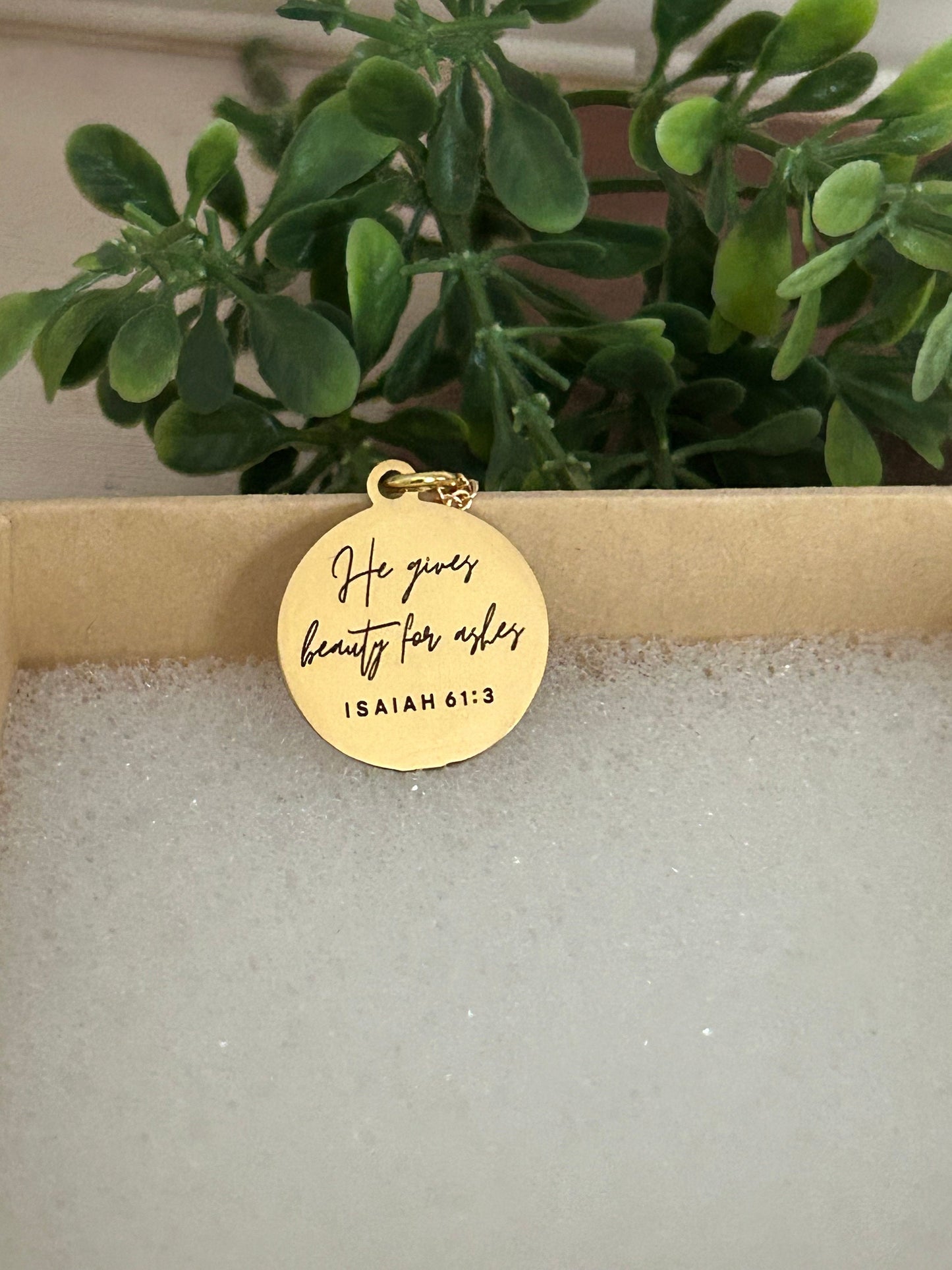 He gives Beauty for ashes bible verse Necklace, 16K Gold plated, Scripture Jewelry, Christian Gifts, Isaiah 61:3, Faith Charms, Gift for Mom