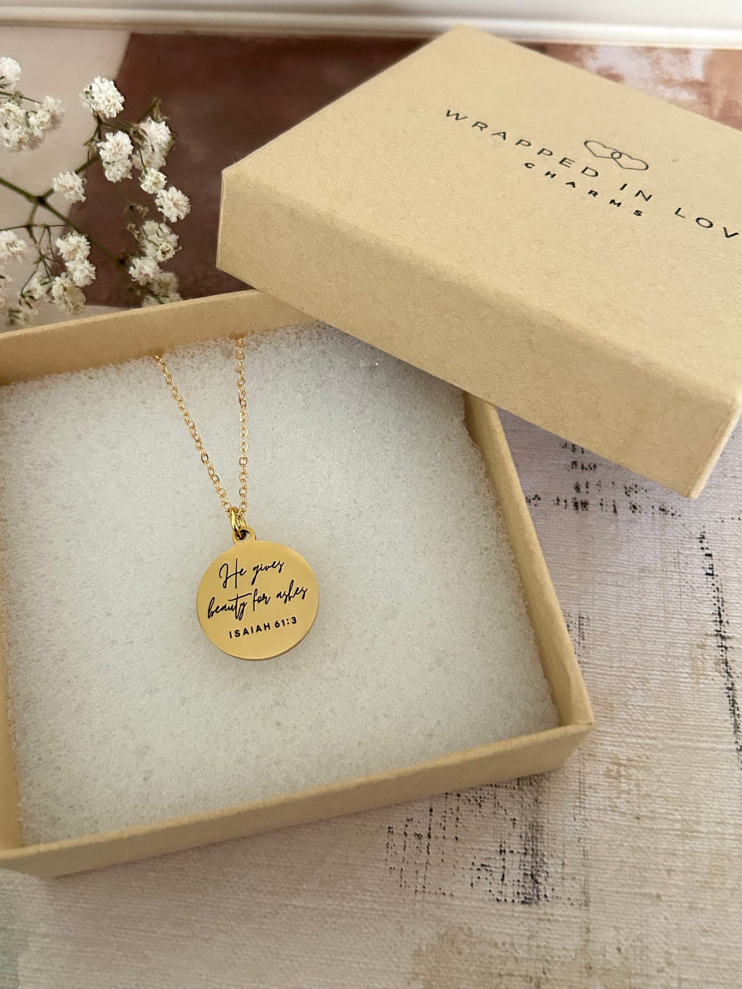 He gives Beauty for ashes bible verse Necklace, 16K Gold plated, Scripture Jewelry, Christian Gifts, Isaiah 61:3, Faith Charms, Gift for Mom