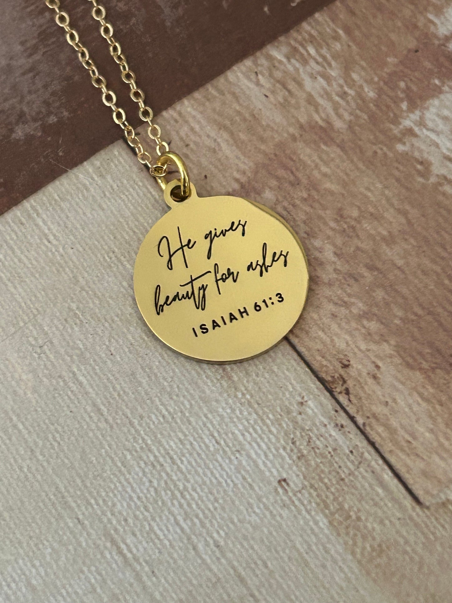 He gives Beauty for ashes bible verse Necklace, 16K Gold plated, Scripture Jewelry, Christian Gifts, Isaiah 61:3, Faith Charms, Gift for Mom