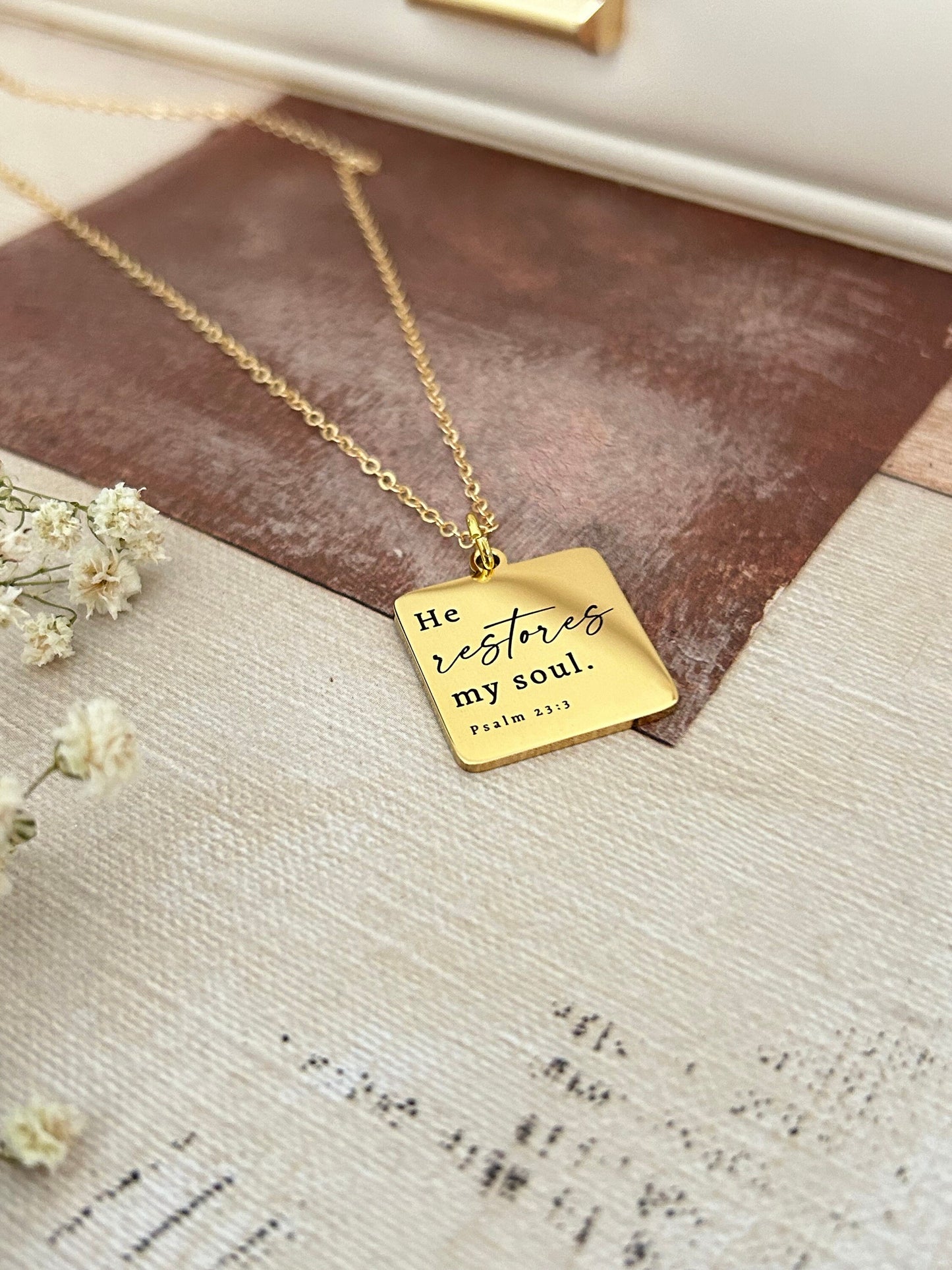 He Restores My Soul Bible Verse Gold Necklace, Christian Gifts, Psalm 23:3 jewelry, Meaningful gifts, gift for mom, baptism affirmation gift