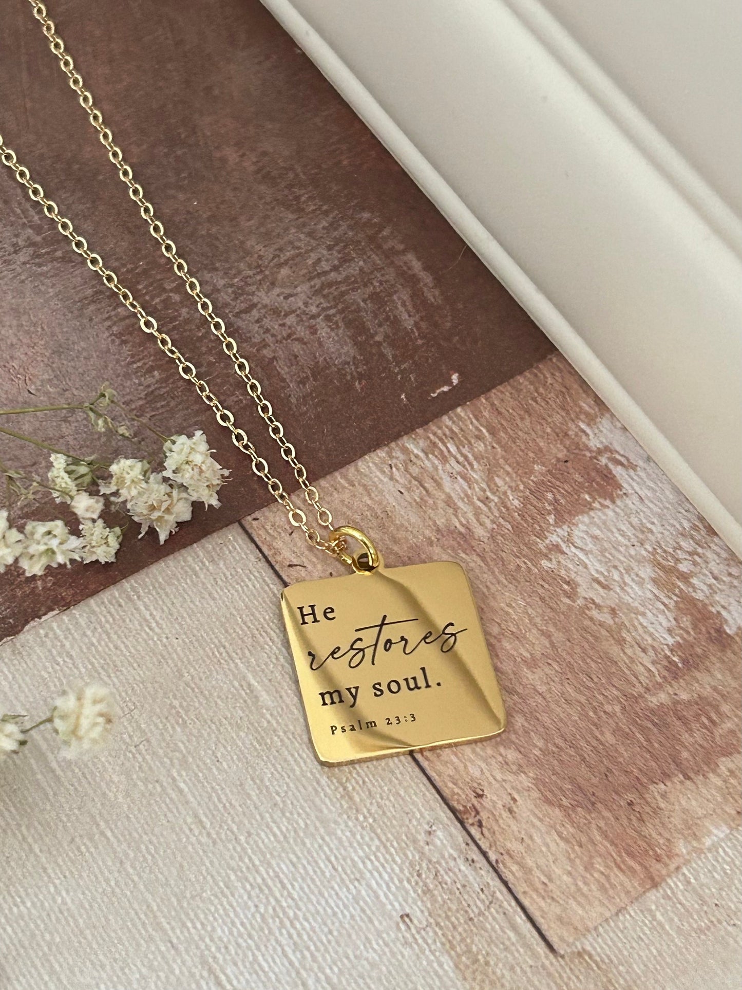 He Restores My Soul Bible Verse Gold Necklace, Christian Gifts, Psalm 23:3 jewelry, Meaningful gifts, gift for mom, baptism affirmation gift