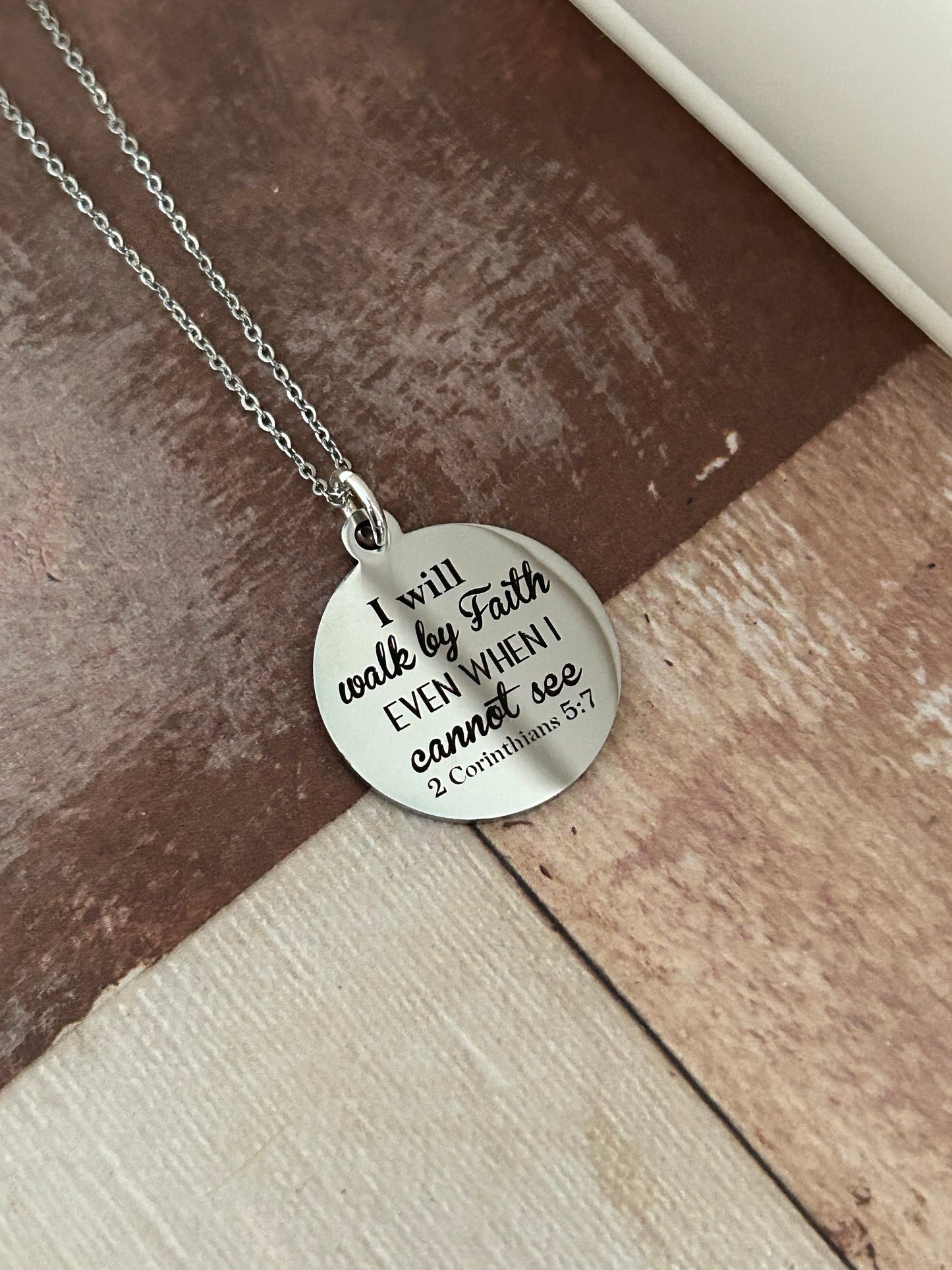 I will walk by faith Bible Verse Necklace, Christian Gifts, Scripture Jewelry, 2 Corinthians 5:7, Faith Jewelry, Engraved Silver Necklace