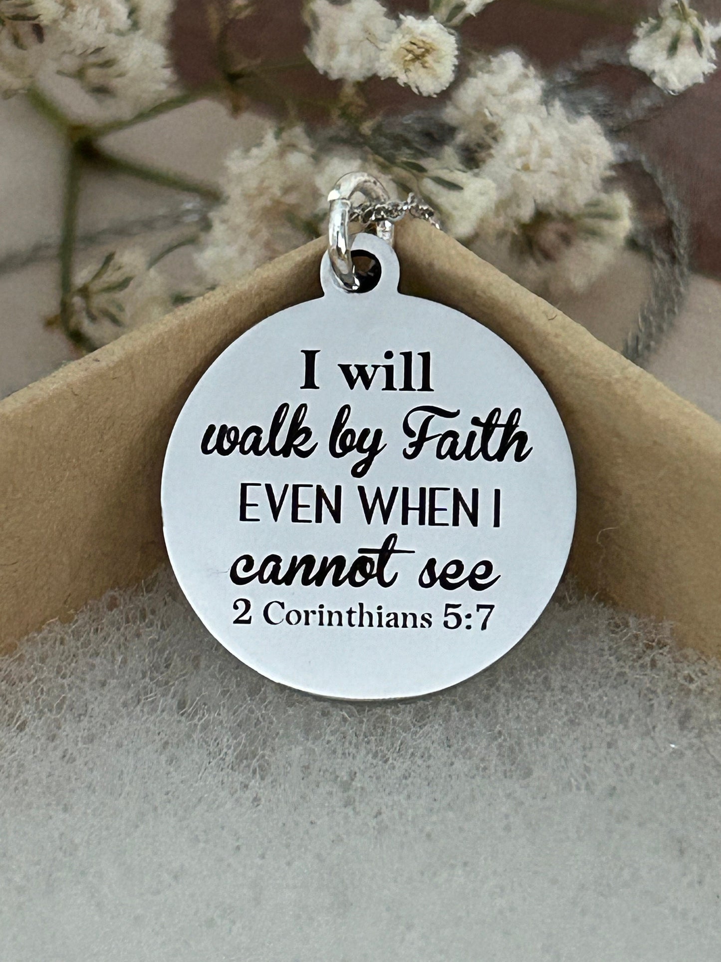 I will walk by faith Bible Verse Necklace, Christian Gifts, Scripture Jewelry, 2 Corinthians 5:7, Faith Jewelry, Engraved Silver Necklace