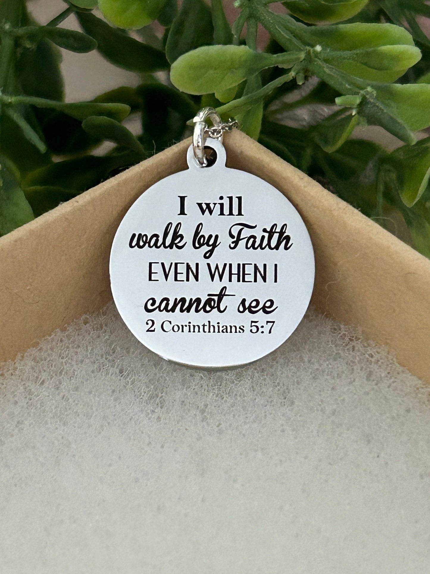 I will walk by faith Bible Verse Necklace, Christian Gifts, Scripture Jewelry, 2 Corinthians 5:7, Faith Jewelry, Engraved Silver Necklace