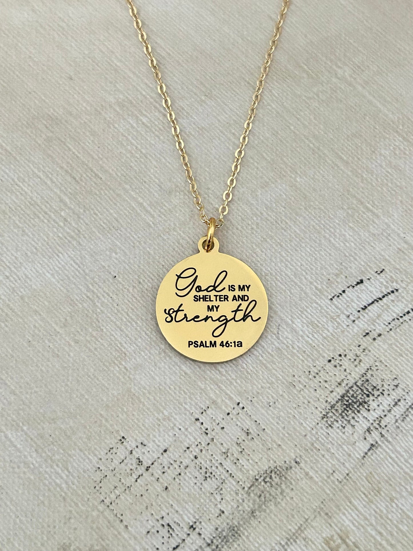God is My Shelter and my Strength Bible Verse Necklace, Psalm 46:1, Christian Jewelry Gifts, Scripture Pendant Charms, 16K Gold Plated