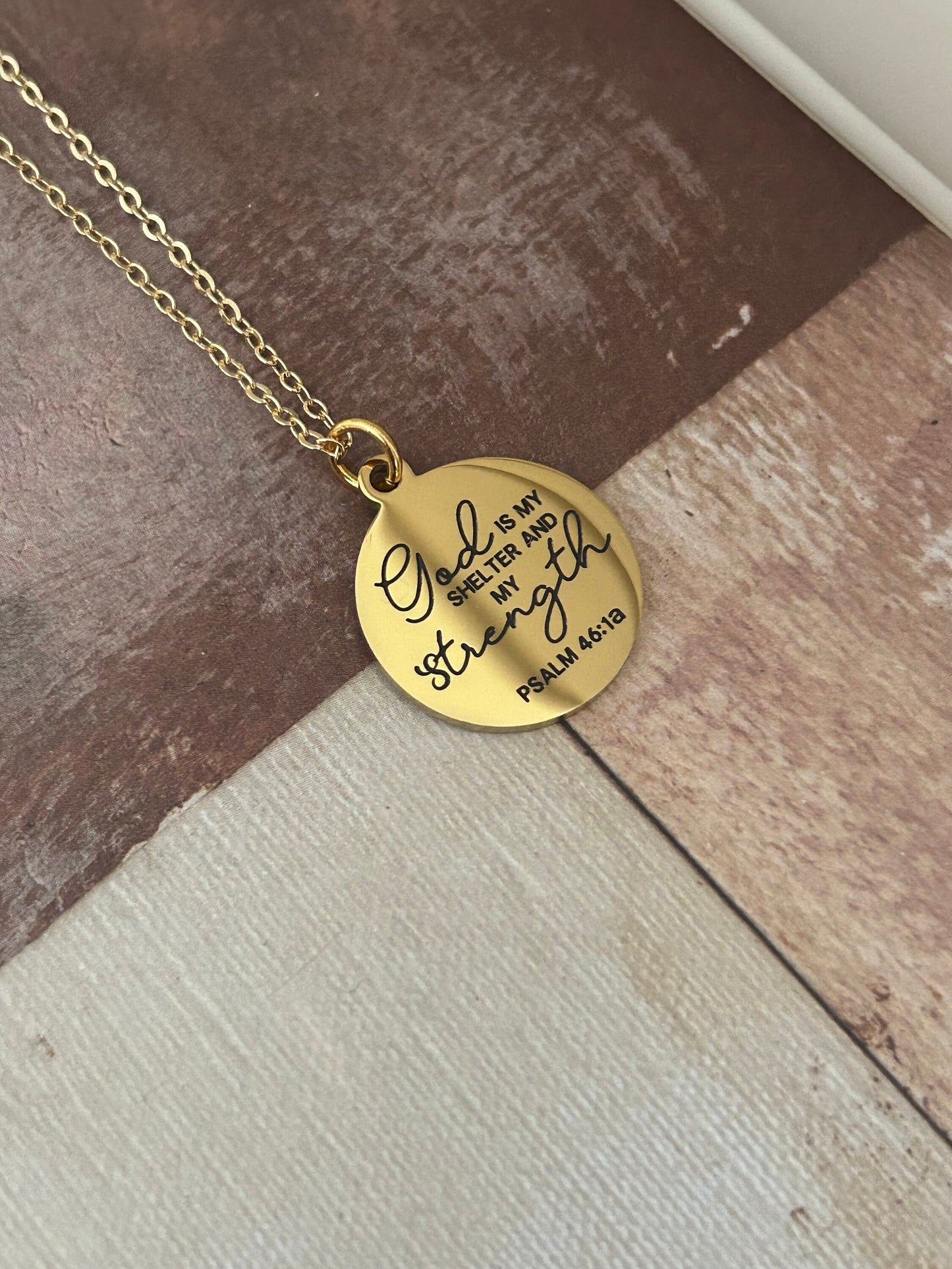 God is My Shelter and my Strength Bible Verse Necklace, Psalm 46:1, Christian Jewelry Gifts, Scripture Pendant Charms, 16K Gold Plated