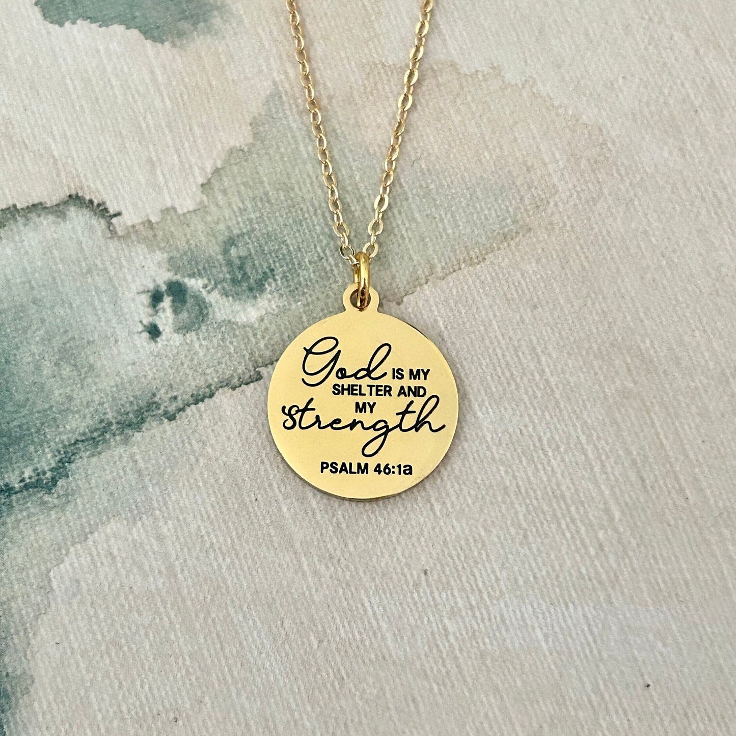 God is My Shelter and my Strength Bible Verse Necklace, Psalm 46:1, Christian Jewelry Gifts, Scripture Pendant Charms, 16K Gold Plated