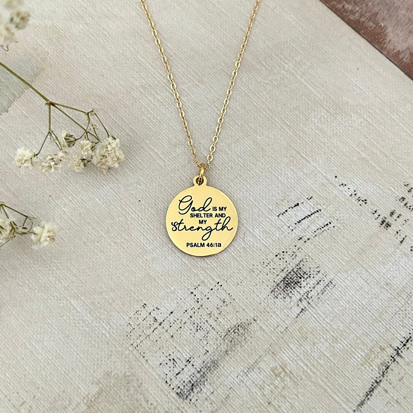 God is My Shelter and my Strength Bible Verse Necklace, Psalm 46:1, Christian Jewelry Gifts, Scripture Pendant Charms, 16K Gold Plated