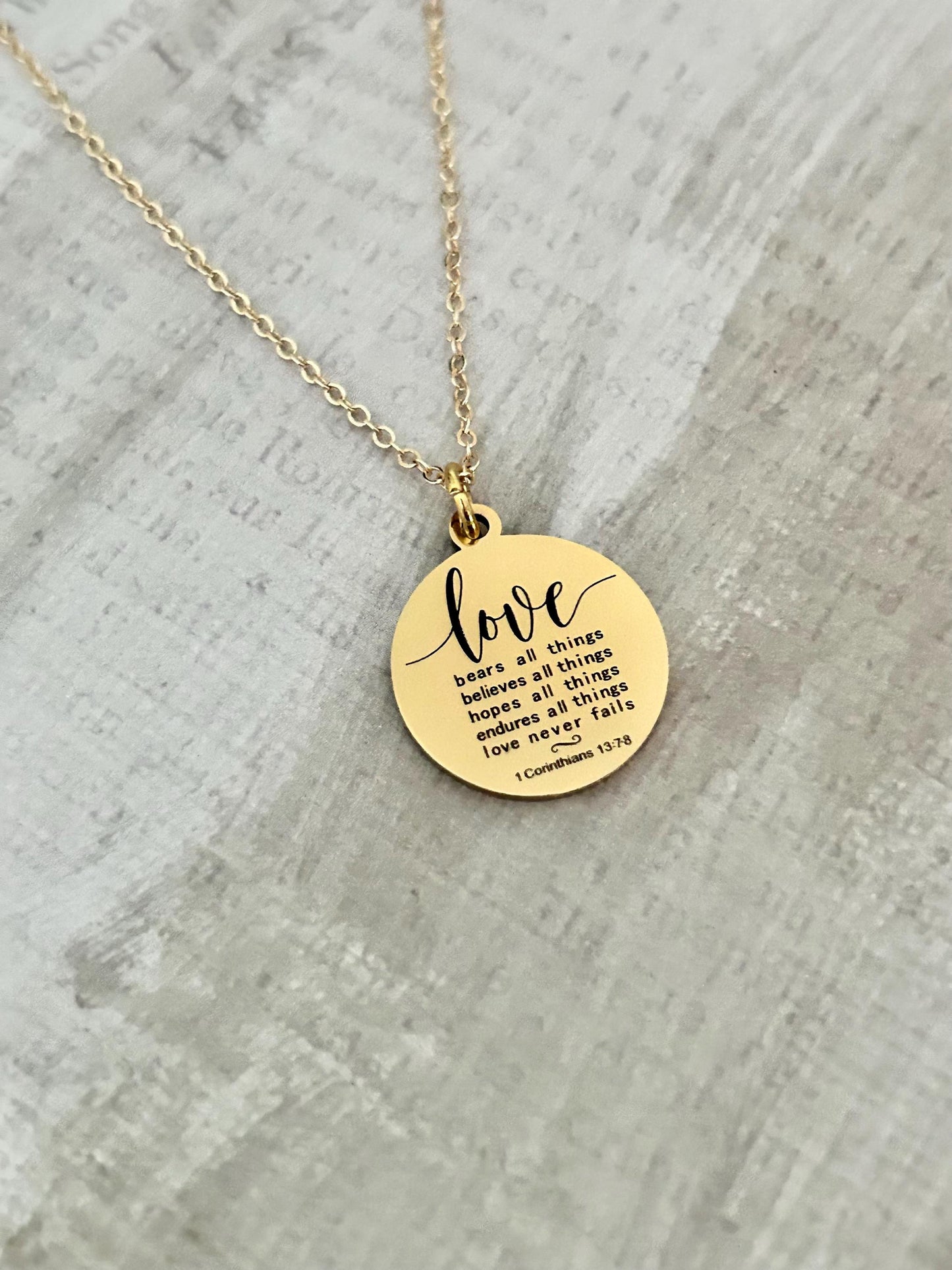 Love Never Fails Bible Verse Necklace, Christian Gifts, Scripture Necklace, Wedding Gift, Love Jewelry, 1 Corinthians 13:7-8, 16K Gold Plate