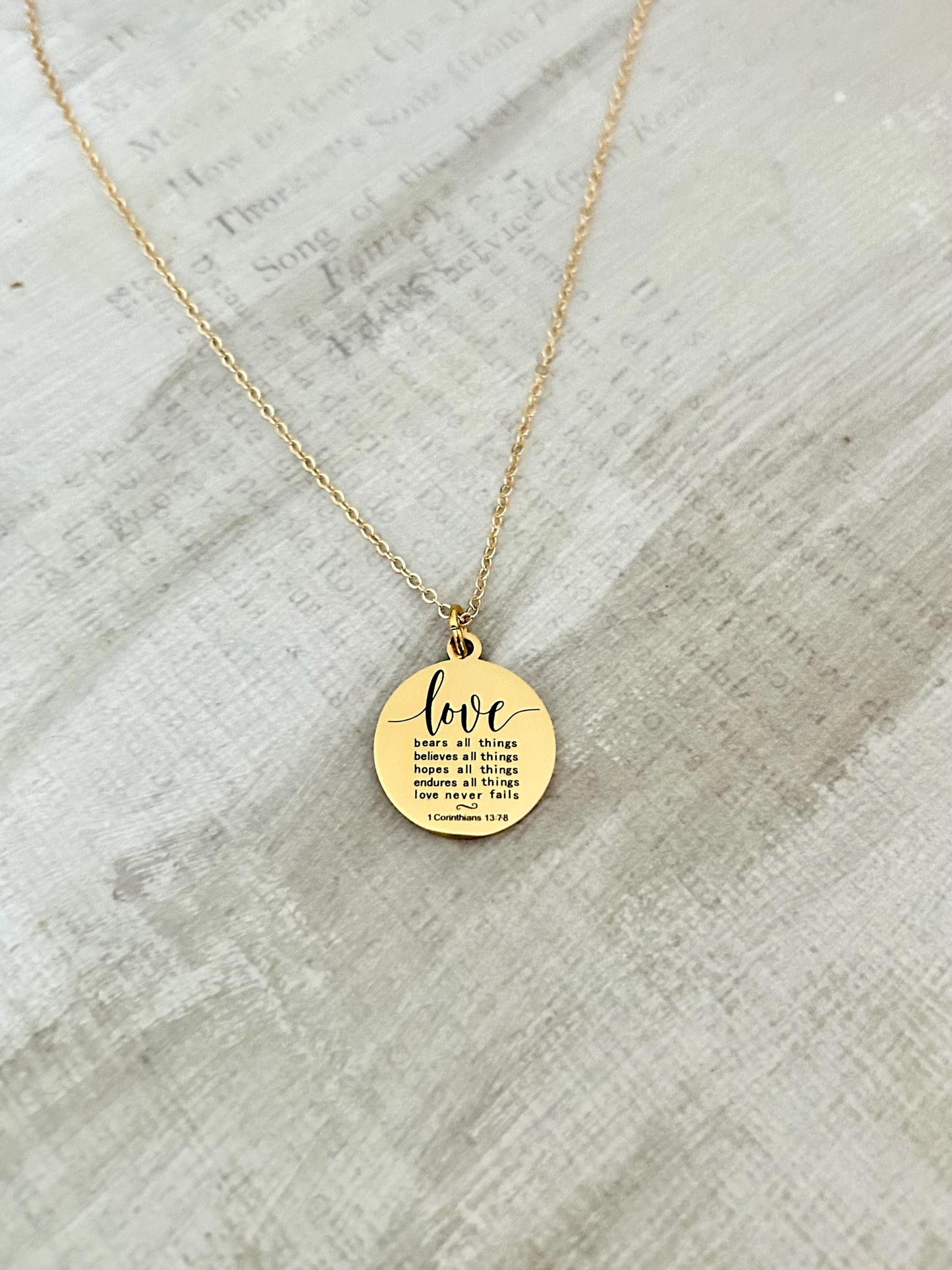 Love Never Fails Bible Verse Necklace, Christian Gifts, Scripture Necklace, Wedding Gift, Love Jewelry, 1 Corinthians 13:7-8, 16K Gold Plate