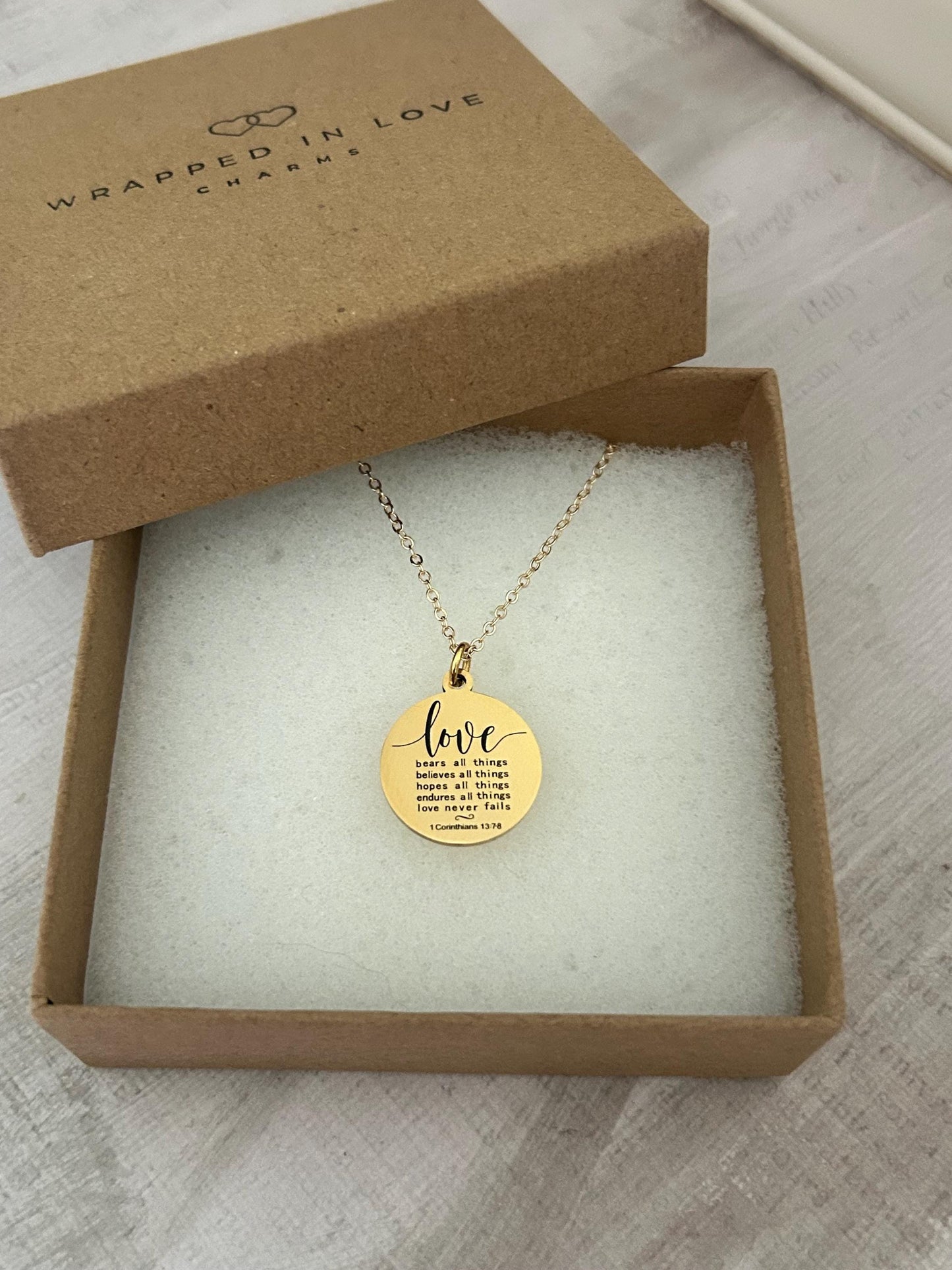 Love Never Fails Bible Verse Necklace, Christian Gifts, Scripture Necklace, Wedding Gift, Love Jewelry, 1 Corinthians 13:7-8, 16K Gold Plate