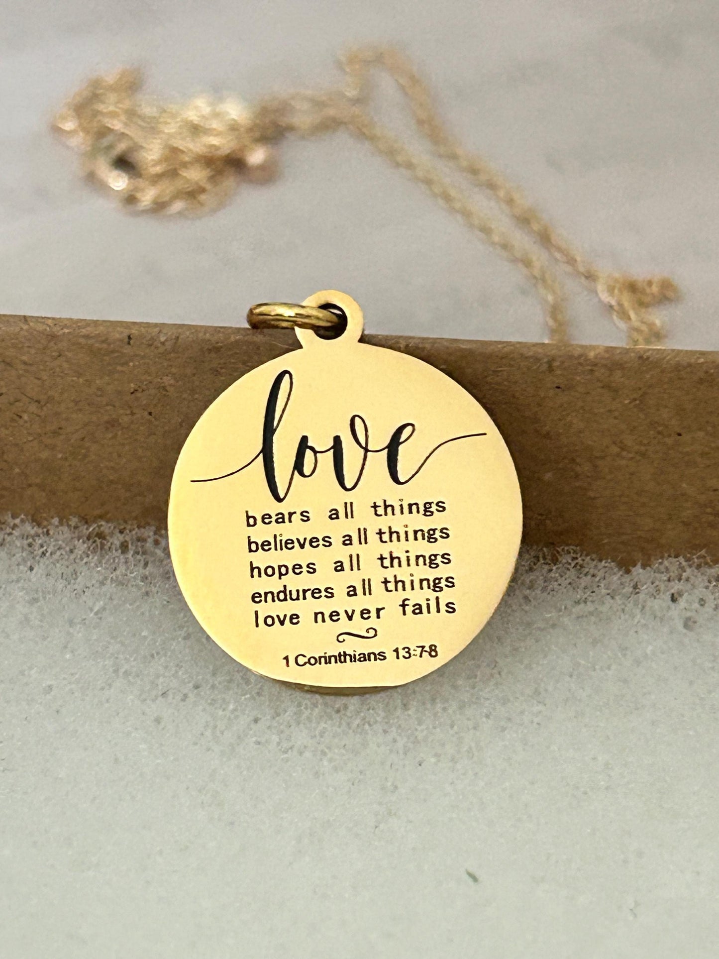 Love Never Fails Bible Verse Necklace, Christian Gifts, Scripture Necklace, Wedding Gift, Love Jewelry, 1 Corinthians 13:7-8, 16K Gold Plate