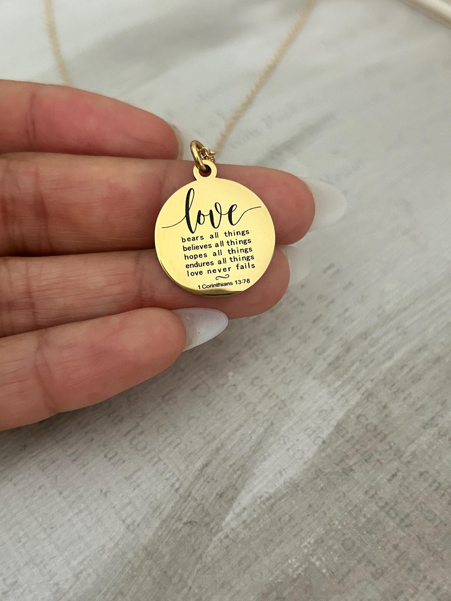 Love Never Fails Bible Verse Necklace, Christian Gifts, Scripture Necklace, Wedding Gift, Love Jewelry, 1 Corinthians 13:7-8, 16K Gold Plate
