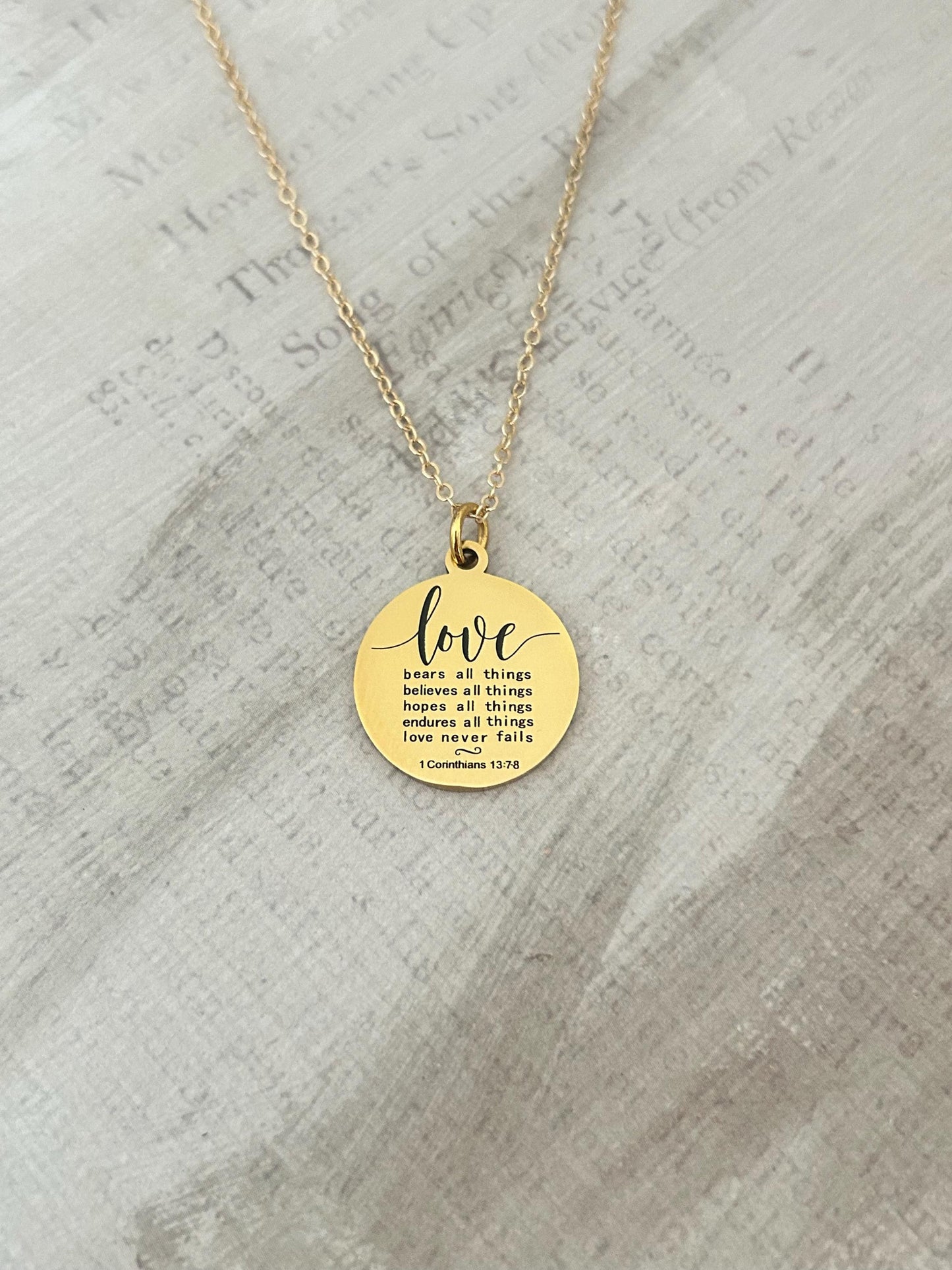 Love Never Fails Bible Verse Necklace, Christian Gifts, Scripture Necklace, Wedding Gift, Love Jewelry, 1 Corinthians 13:7-8, 16K Gold Plate
