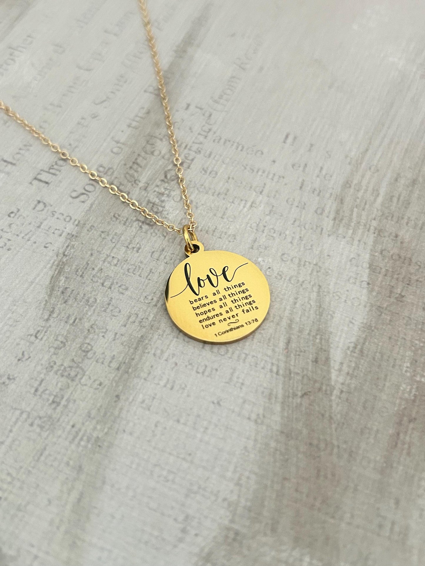 Love Never Fails Bible Verse Necklace, Christian Gifts, Scripture Necklace, Wedding Gift, Love Jewelry, 1 Corinthians 13:7-8, 16K Gold Plate
