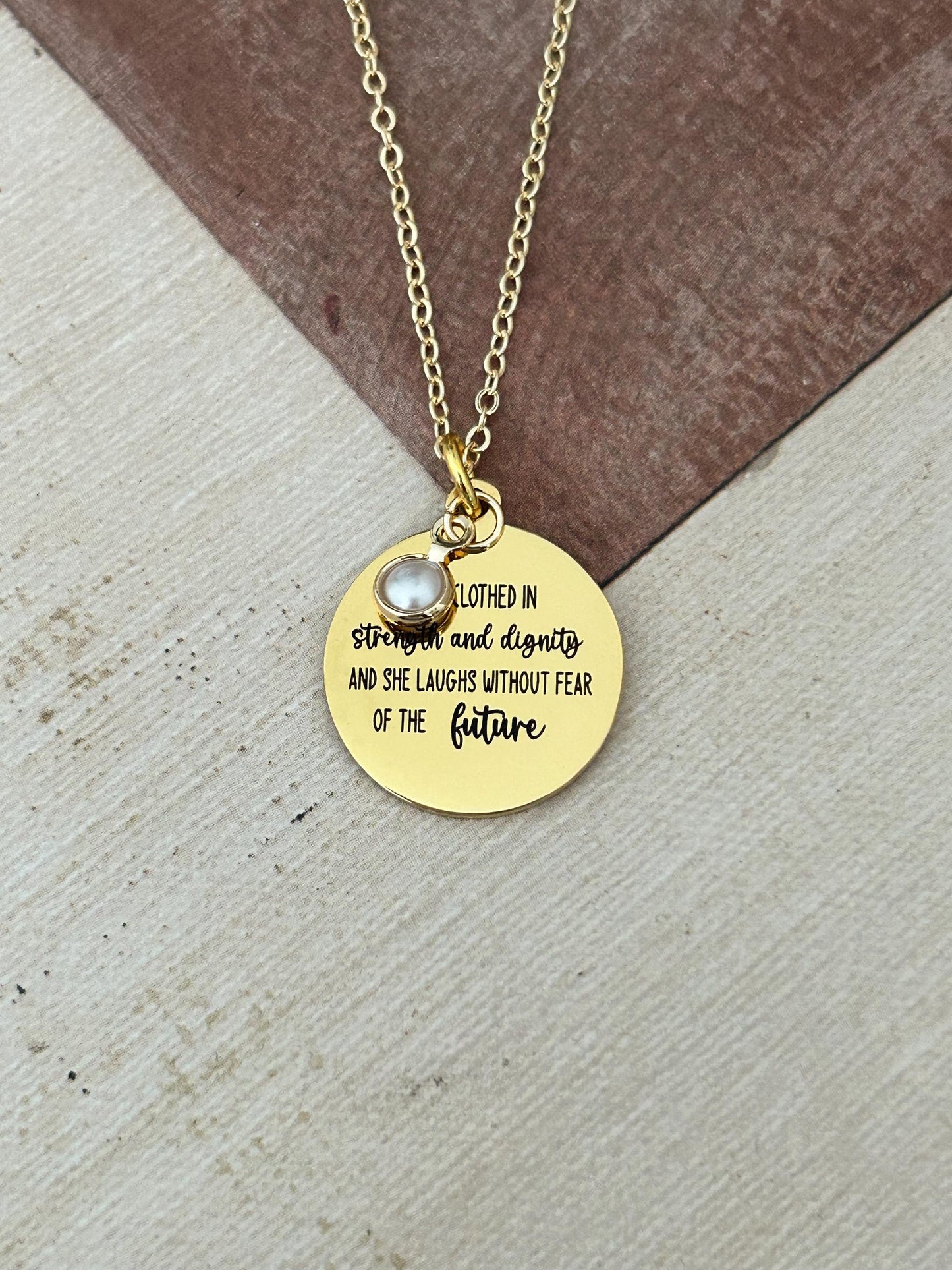 Proverbs 31 Gold Plated Bible Verse Necklace, She is clothed in strength and Dignity, Christian Gifts, Scripture Jewelry, Mothers Day Gift