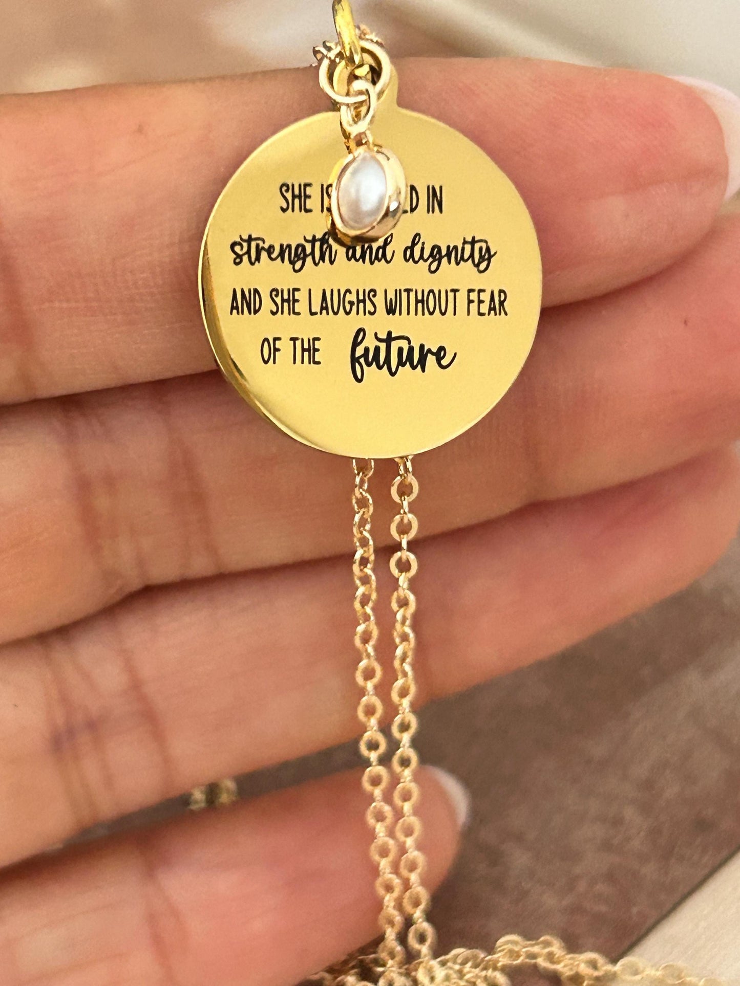 Proverbs 31 Gold Plated Bible Verse Necklace, She is clothed in strength and Dignity, Christian Gifts, Scripture Jewelry, Mothers Day Gift