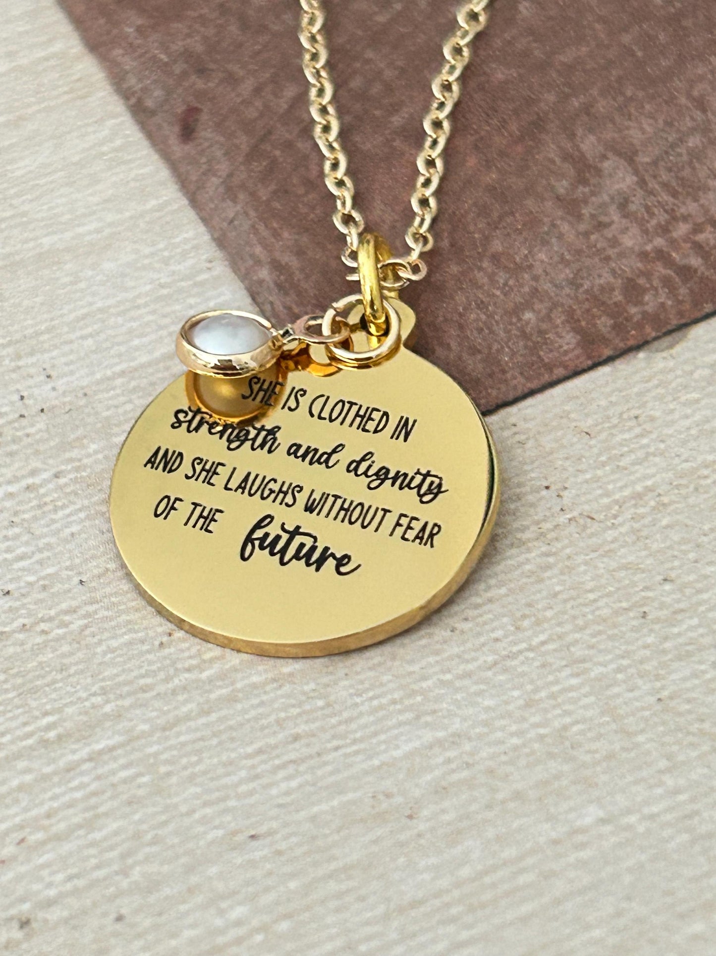 Proverbs 31 Gold Plated Bible Verse Necklace, She is clothed in strength and Dignity, Christian Gifts, Scripture Jewelry, Mothers Day Gift