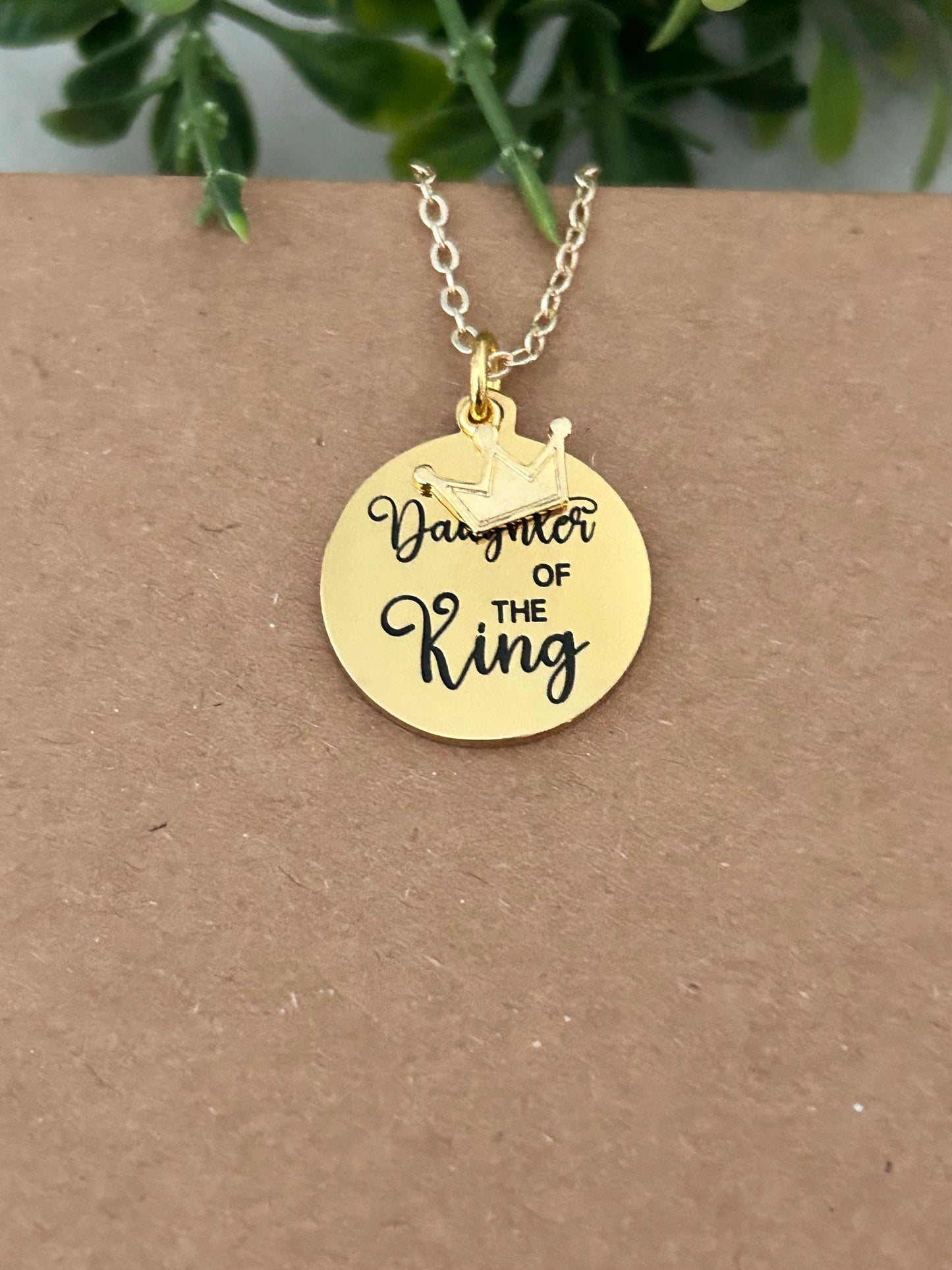 Daughter of The King Necklace: Engraved Gold Crown Charm, Christian Gift