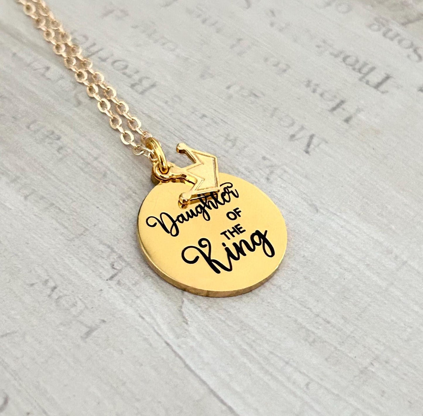 Daughter of The King Gold Necklace, Christian Gift, Gift for Daughter, Crown Necklace, Baptism, Personalized Scripture Custom quote Necklace