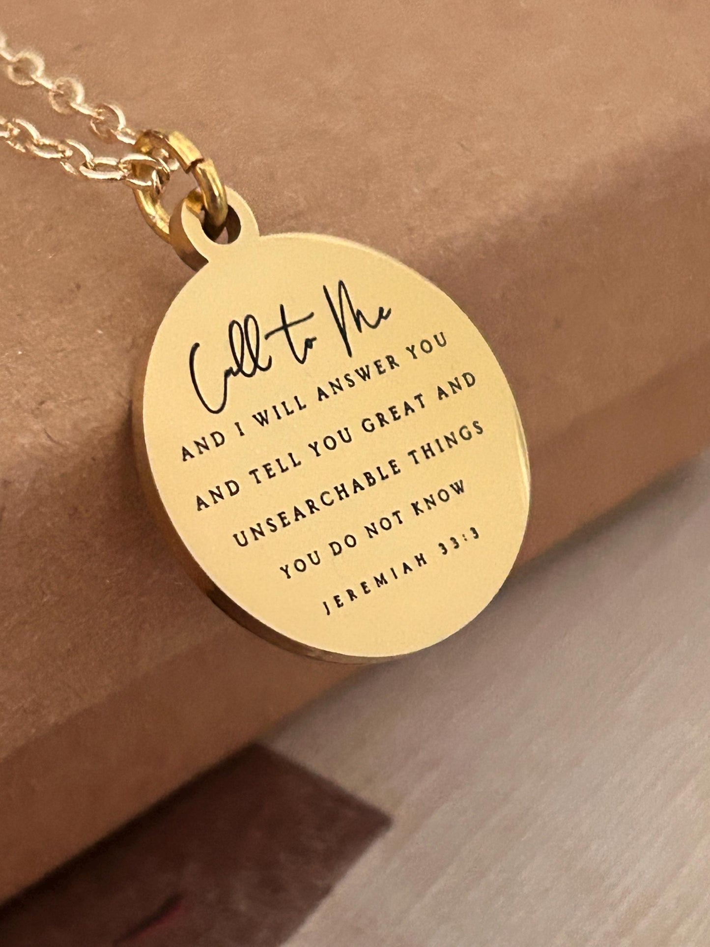 Jeremiah 33:3 Bible Verse Necklace, Call to me and I will Answer You, Christian Gifts, Religious Faith Jewelry, Gold Charm Necklace, Baptism