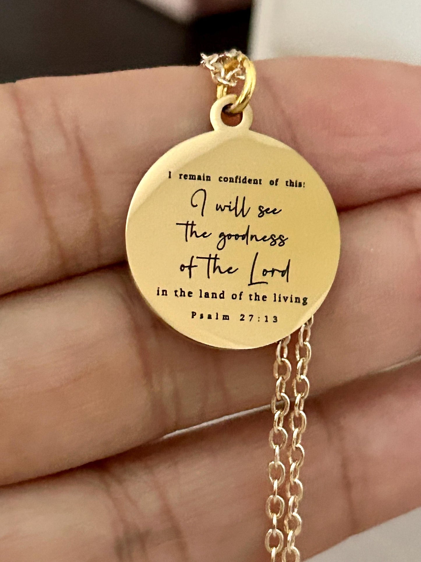 Psalm 27:13 Bible Verse Necklace I will see the goodness of the Lord Christian Gifts Personalized Jewelry Engraved Scripture Charm