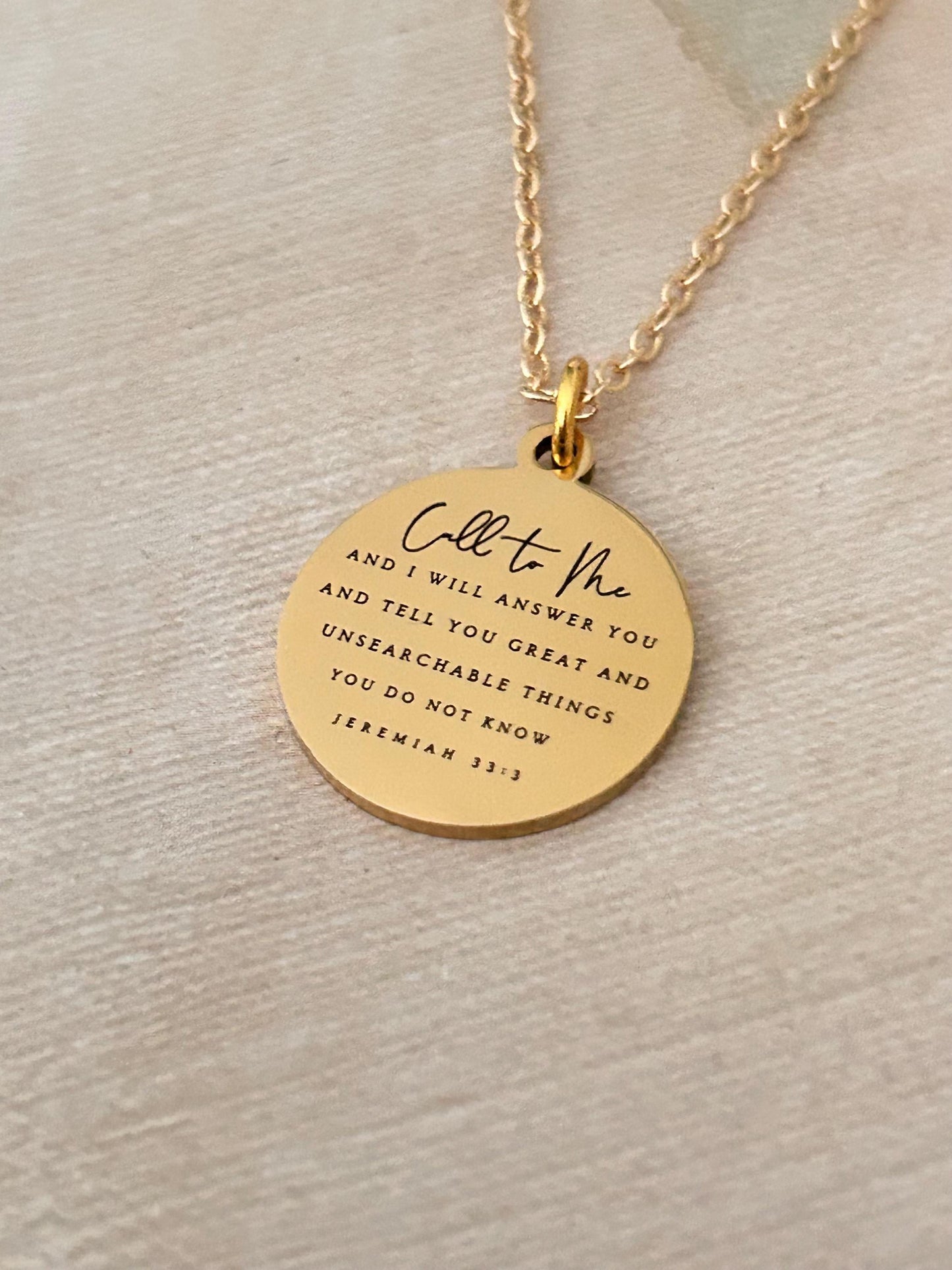 Jeremiah 33:3 Bible Verse Necklace, Call to me and I will Answer You, Christian Gifts, Religious Faith Jewelry, Gold Charm Necklace, Baptism