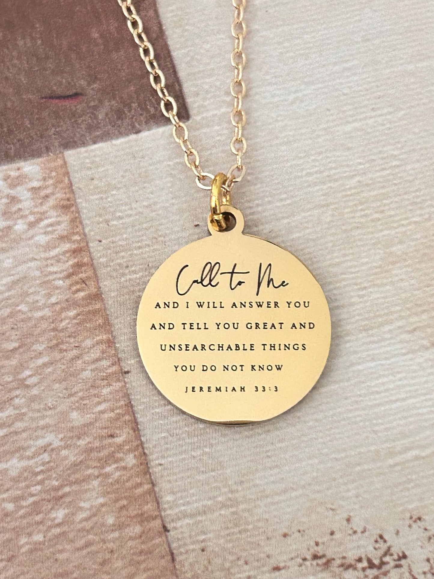 Jeremiah 33:3 Bible Verse Gold Disc Necklace, Christian Jewelry Call to me