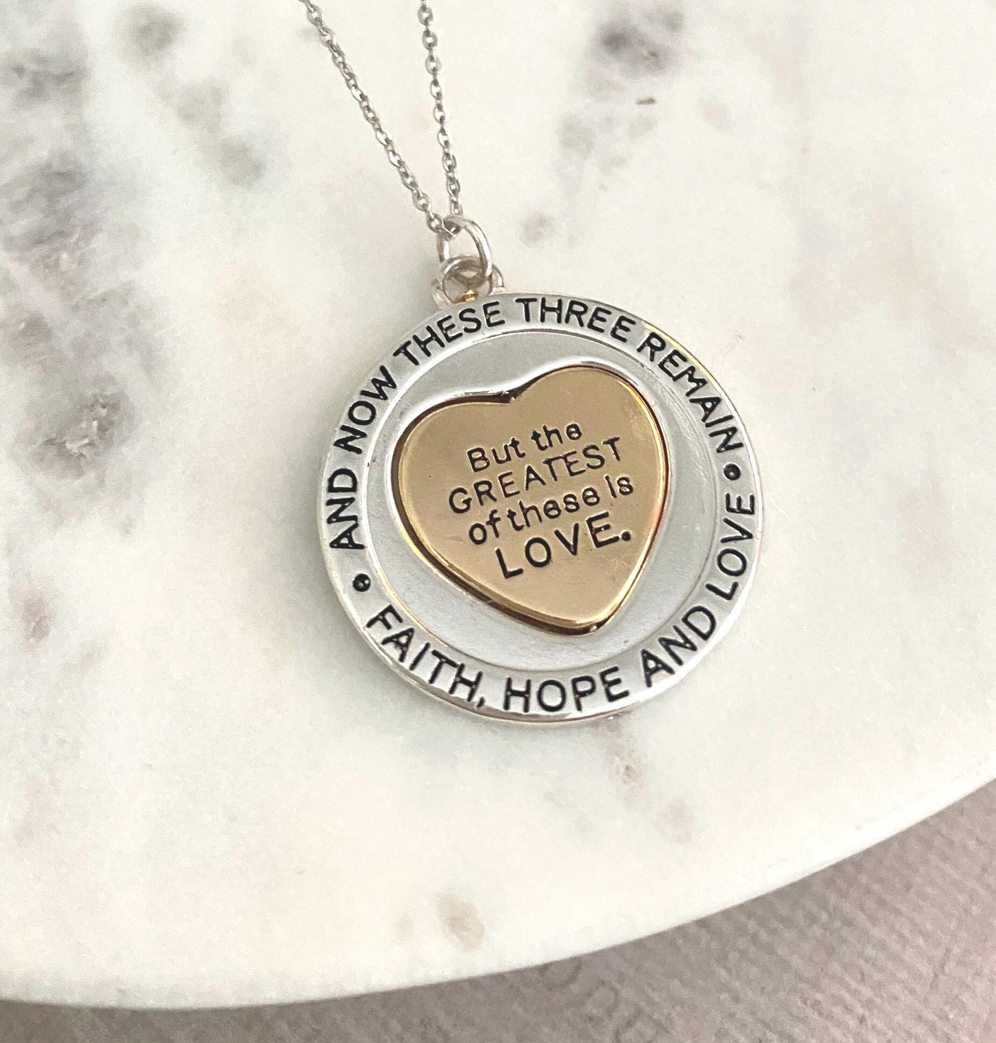 But the greatest of these is Love Bible Verse Spinner Necklace, Christian Gifts Jewelry, Motivational Scripture Charms, Faith Hope and Love