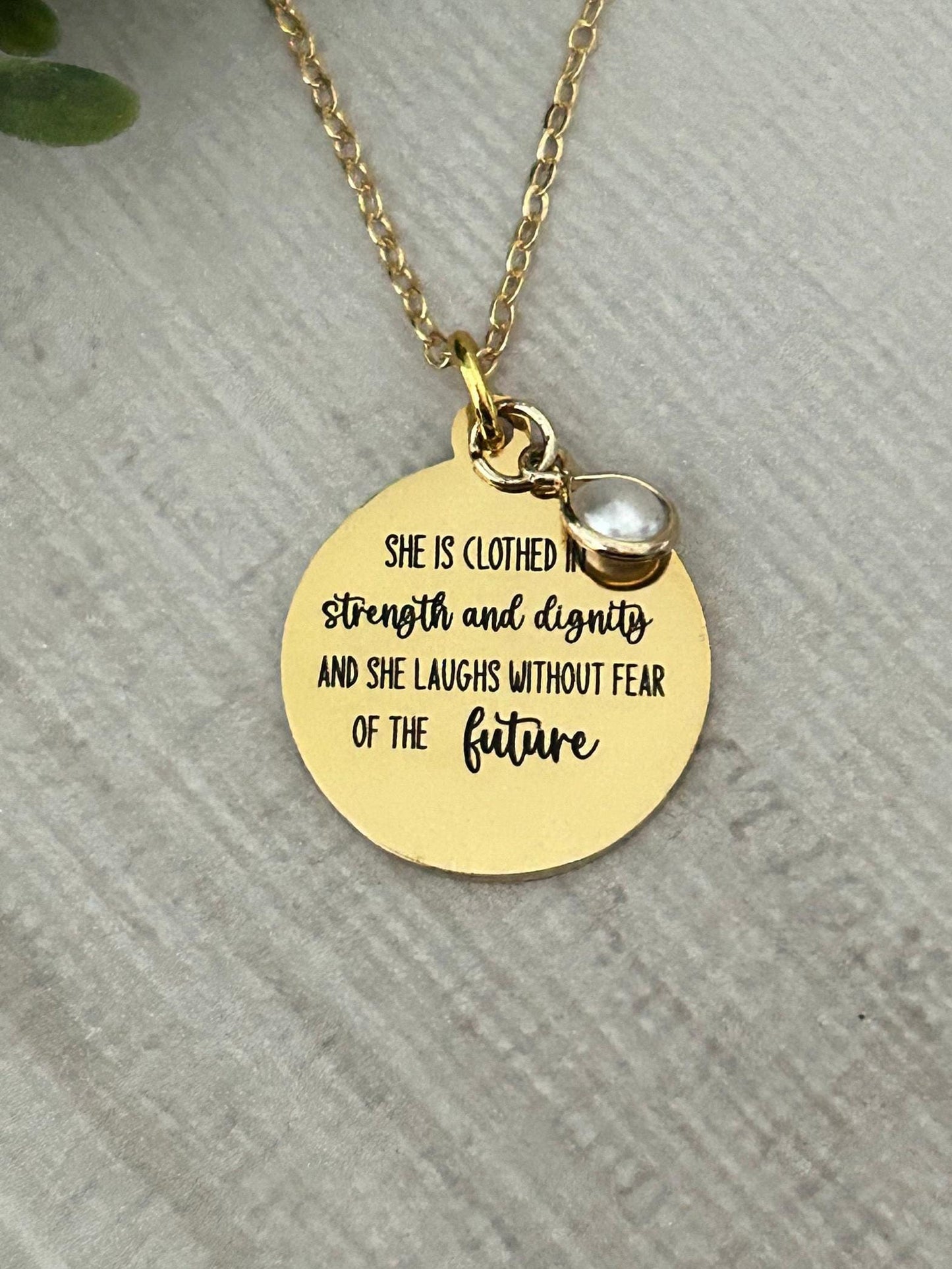 Proverbs 31 Gold Plated Bible Verse Necklace, She is clothed in strength and Dignity, Christian Gifts, Scripture Jewelry, Mothers Day Gift