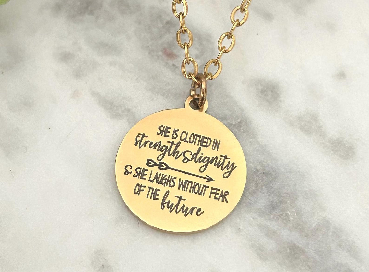 Proverbs 31:25 Gold Necklace, She is clothed in strength and Dignity, Christian Gifts Jewelry, Bible Quote Necklace, Scripture Jewelry,