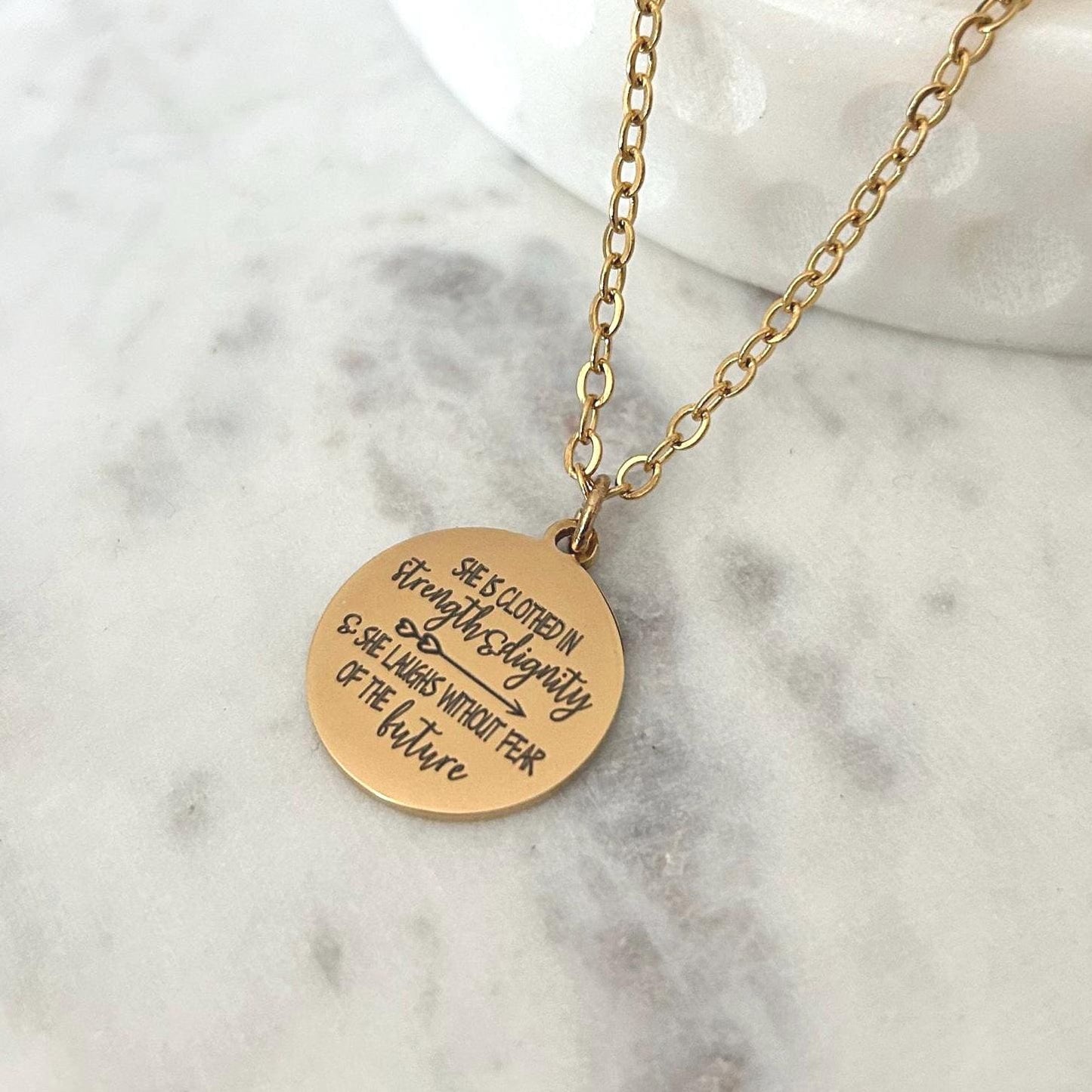 Proverbs 31:25 Gold Necklace, She is clothed in strength and Dignity, Christian Gifts Jewelry, Bible Quote Necklace, Scripture Jewelry,