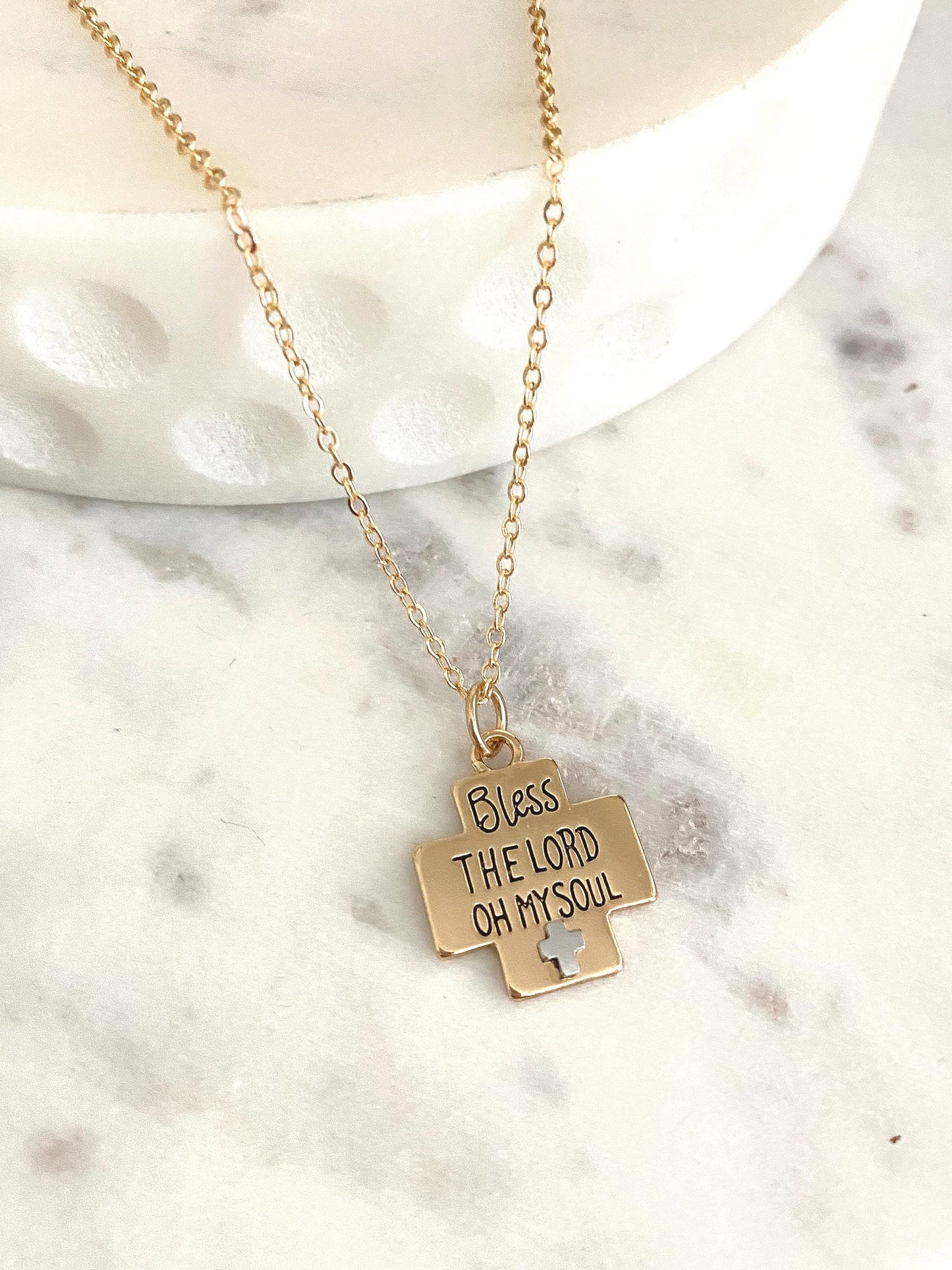 Bless the Lord oh My Soul Bible Verse Necklace, Psalm 103, Christian Gifts, Gold Cross Necklace, Affirmation Baptism gifts, Easter Jewelry