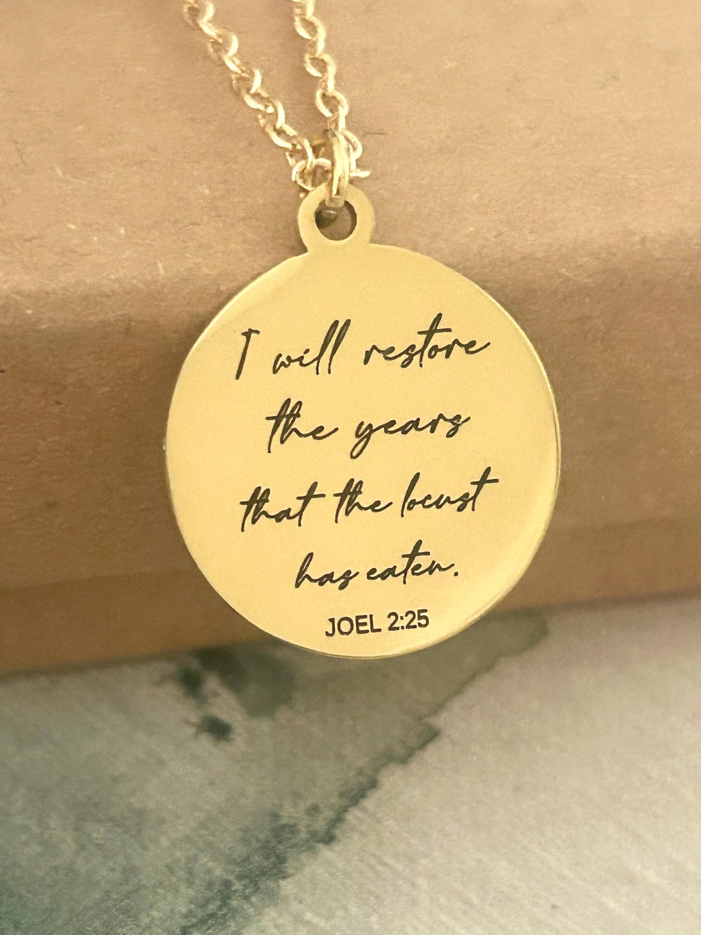 Bible Verse Necklace Joel 2:25, I will restore the years that the locust has eaten, Christian Gift, Scripture Jewelry, Personalized Necklace