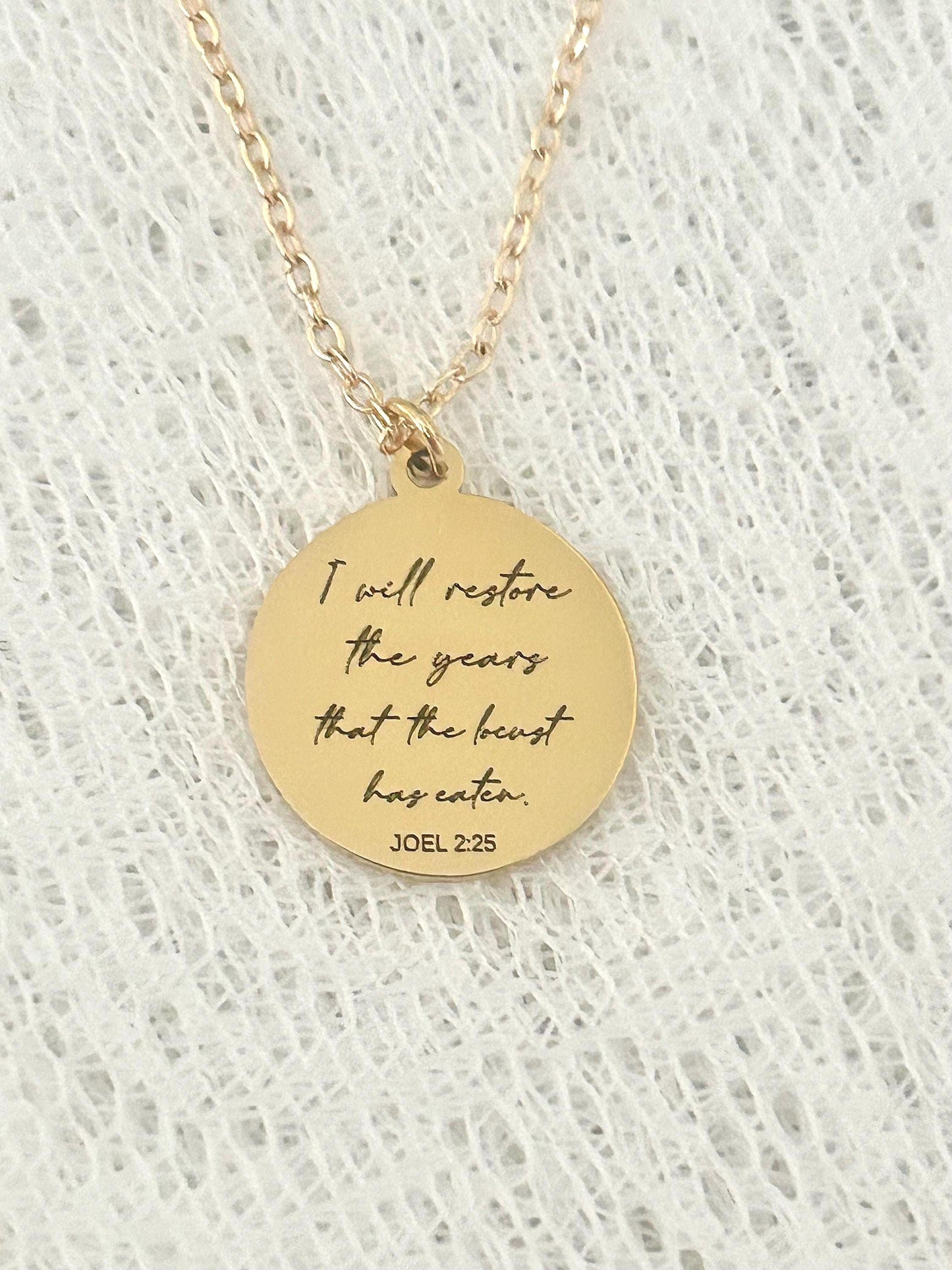 Bible Verse Necklace Joel 2:25, I will restore the years that the locust has eaten, Christian Gift, Scripture Jewelry, Personalized Necklace